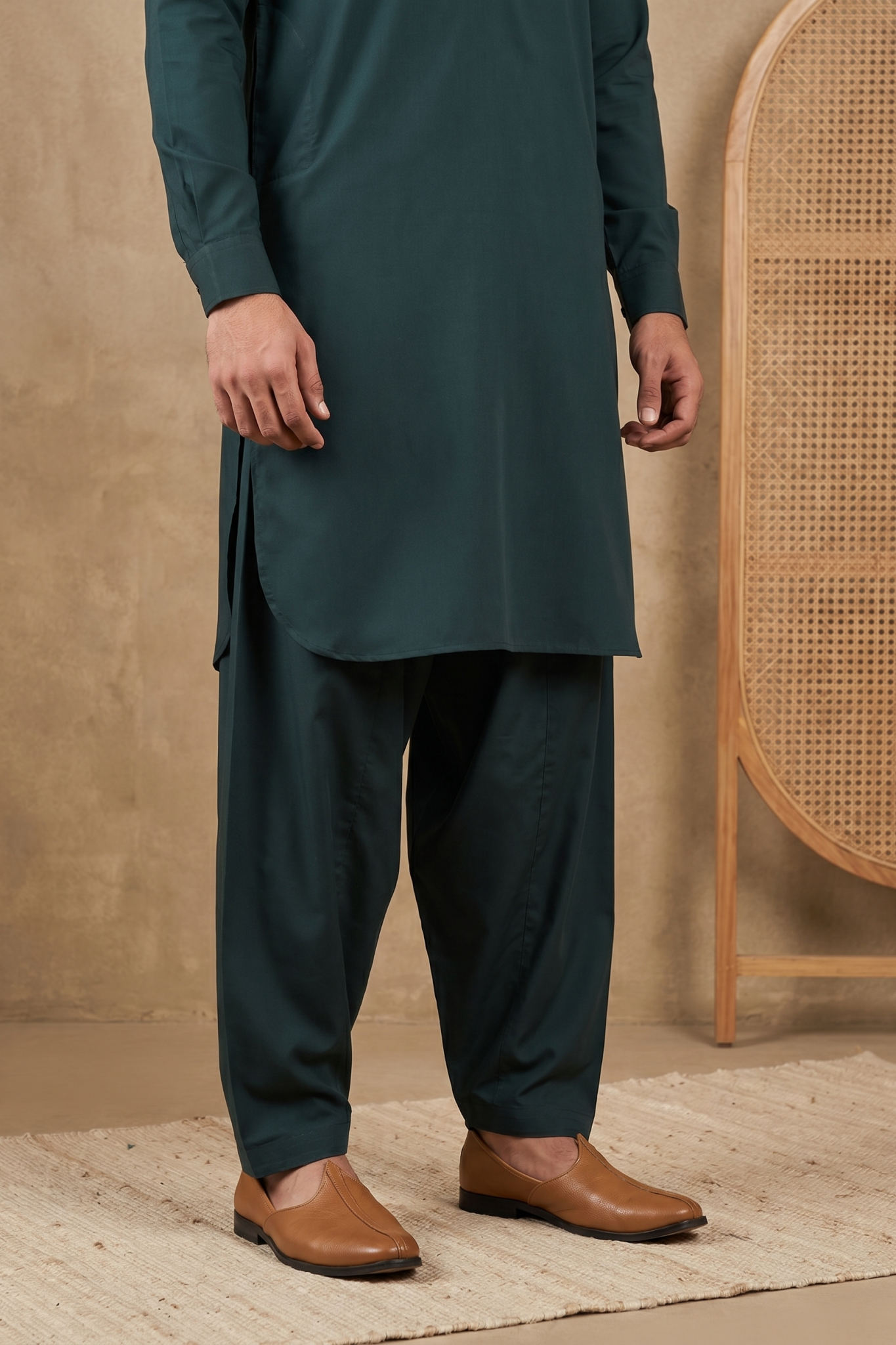 Bottle Green Cotton Satin Pathani Set