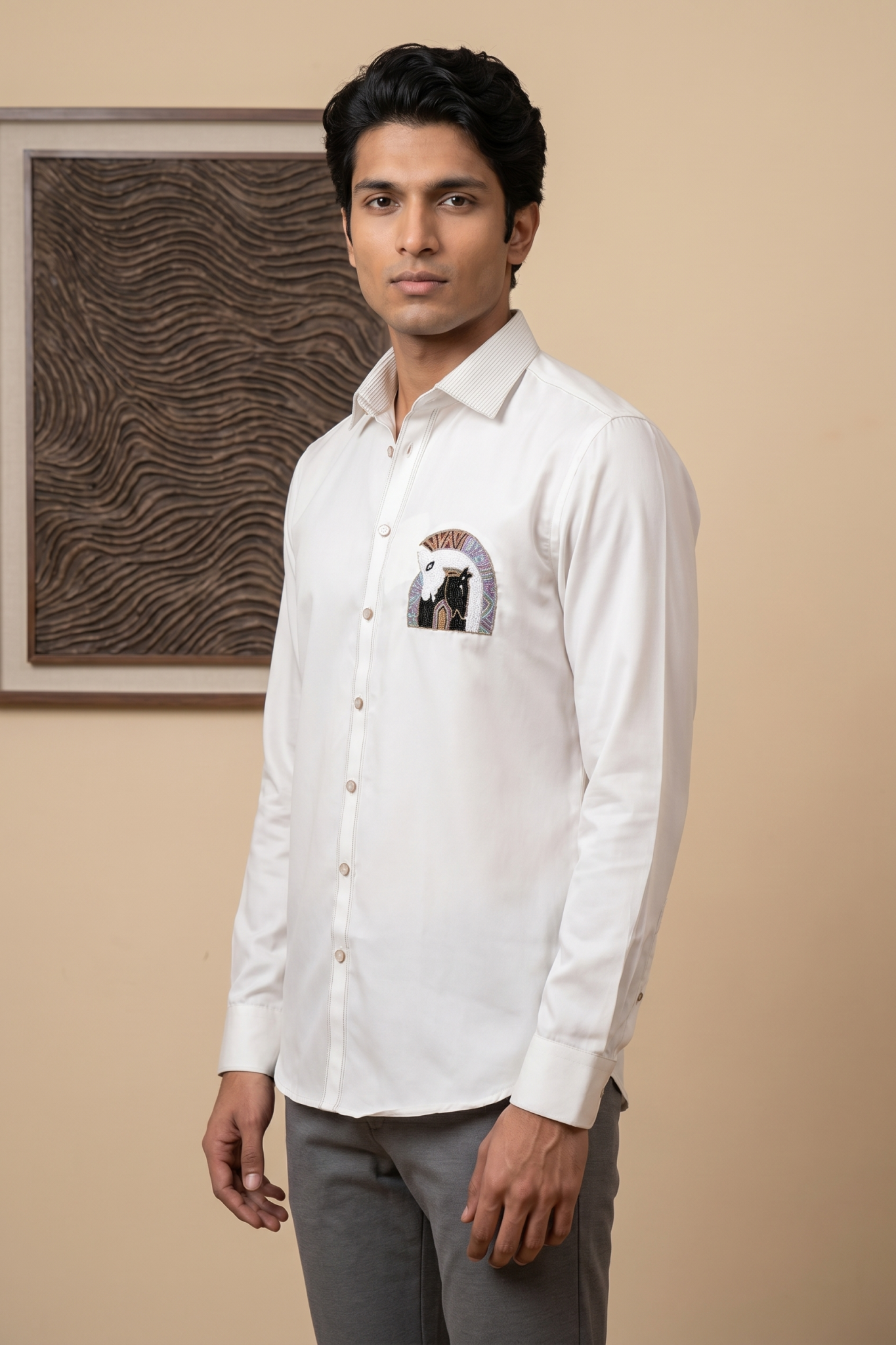 Off White Cotton Shirt with Moti & Embroidery Work