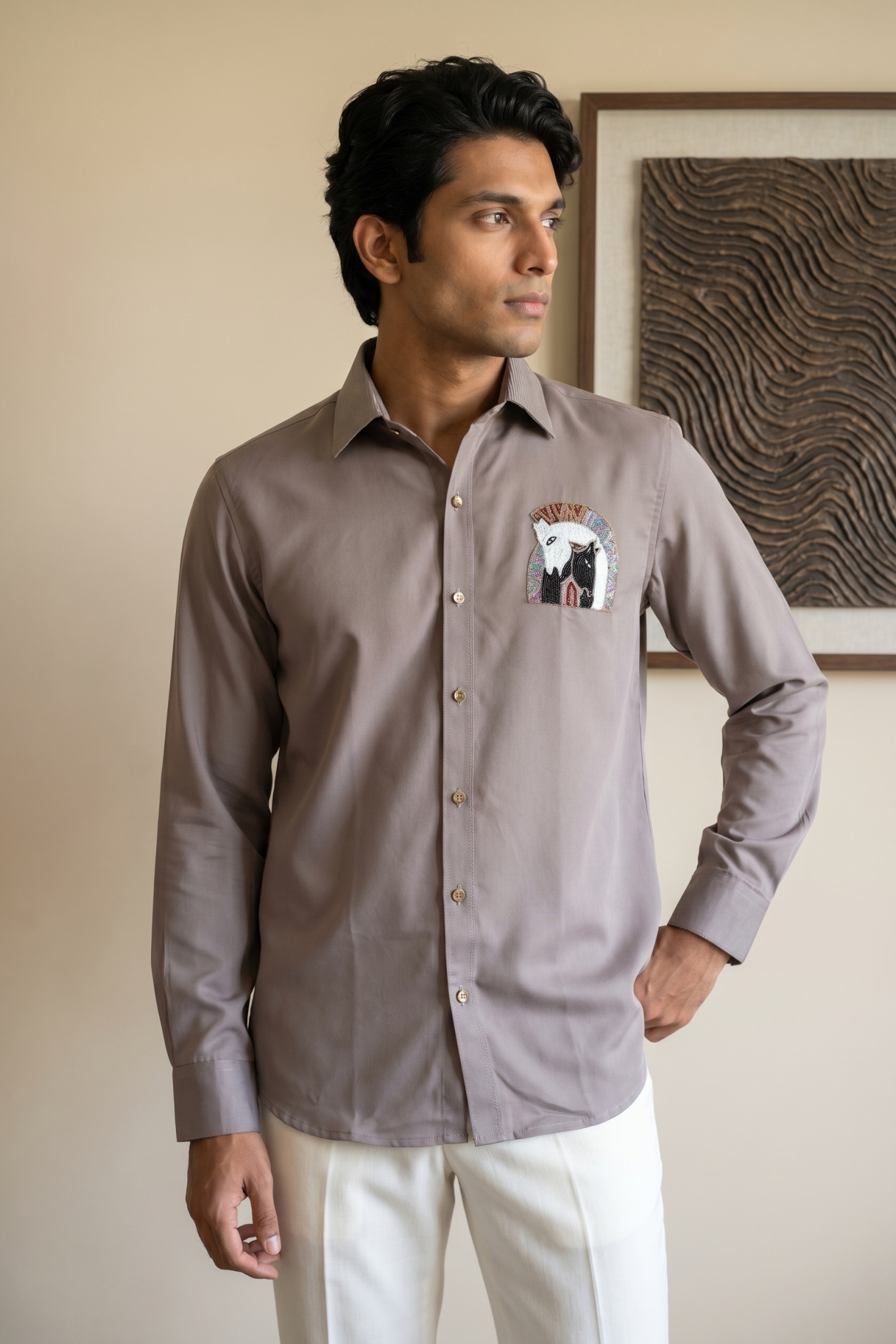Khaki Bom Mario Shirt with Moti & Thread Embroidery Work