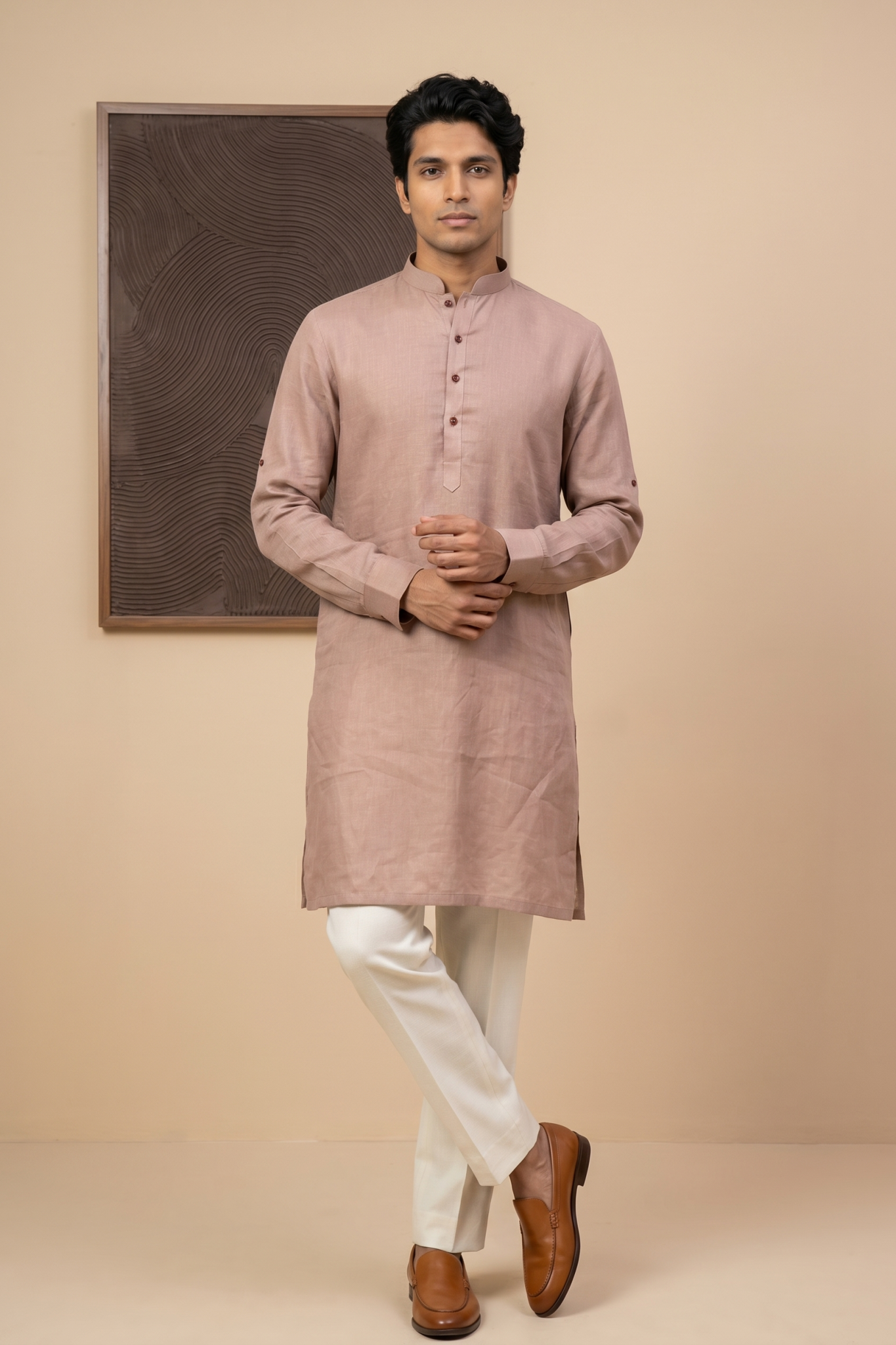 Peach Linen Kurta Set