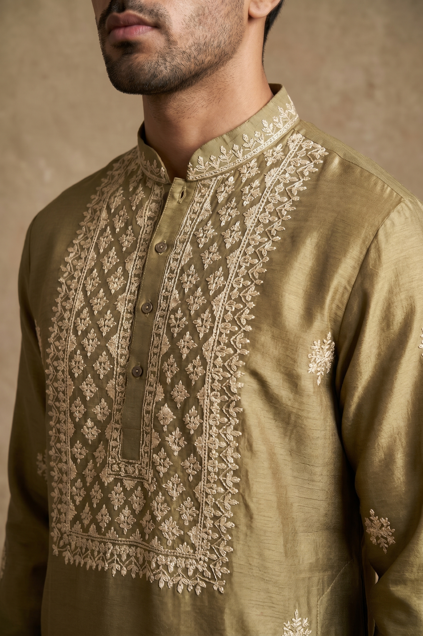 Gold Chanderi Silk Kurta Set with Zari and Thread Embroidery