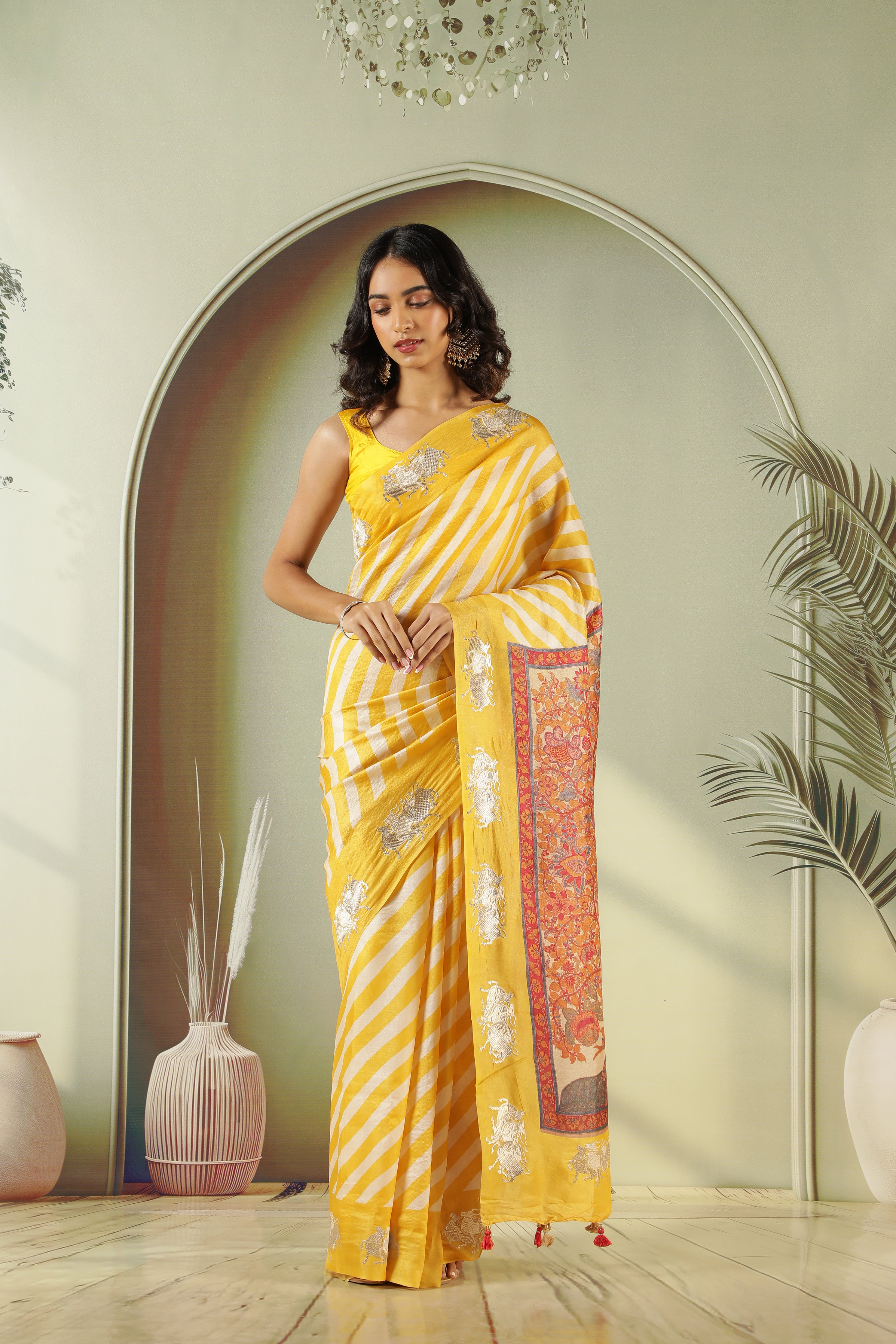 Yellow Off White Tussar Silk Saree with Zari Butta
