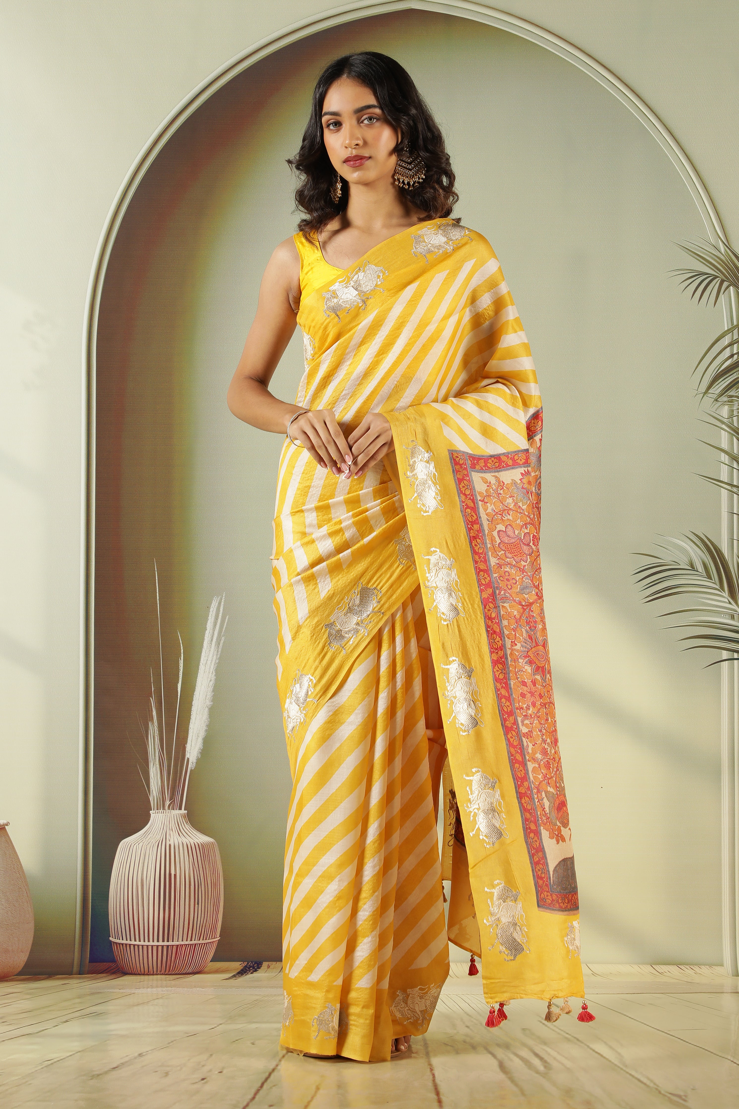 Yellow Off White Tussar Silk Saree with Zari Butta