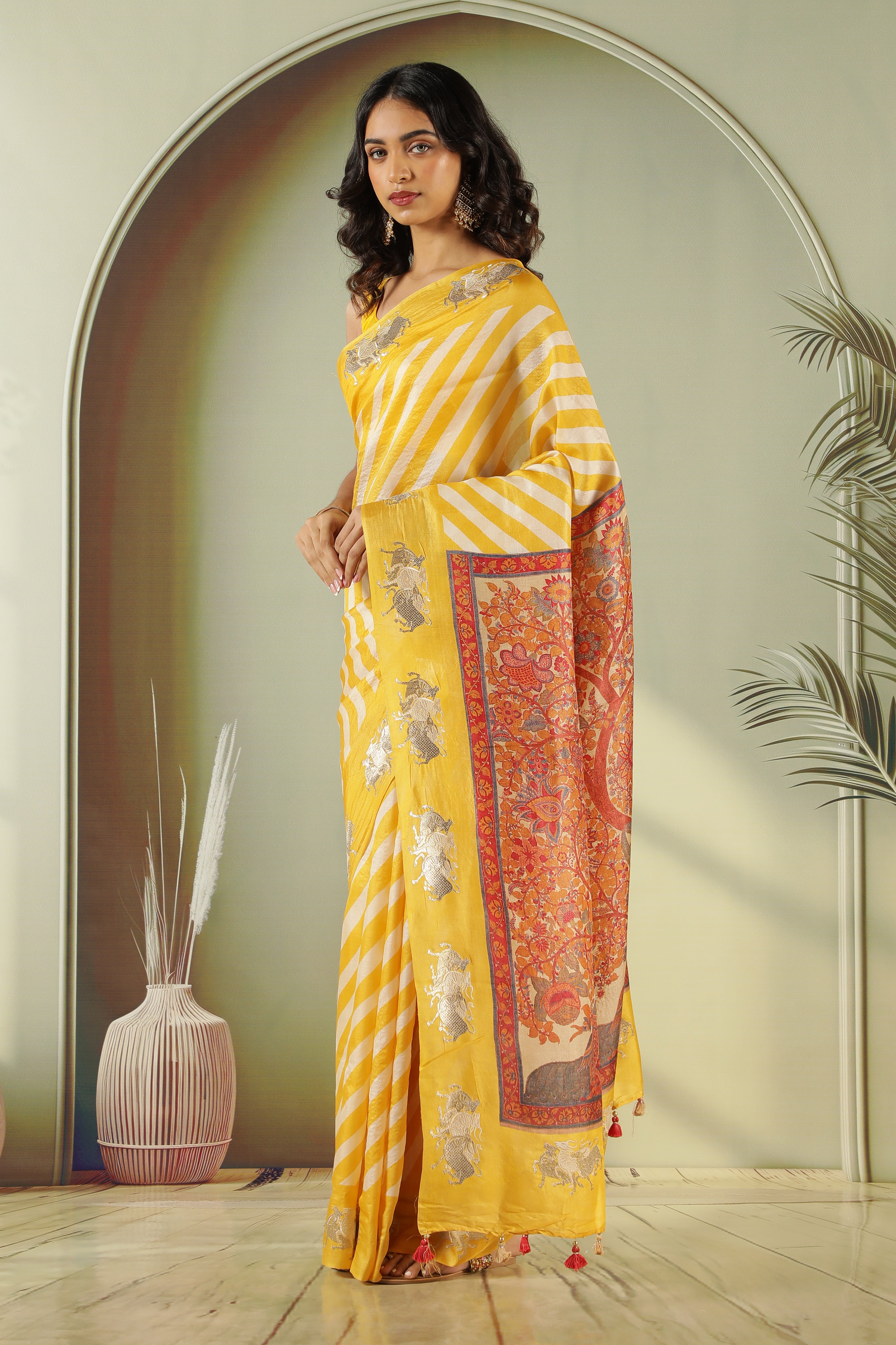 Yellow Off White Tussar Silk Saree with Zari Butta
