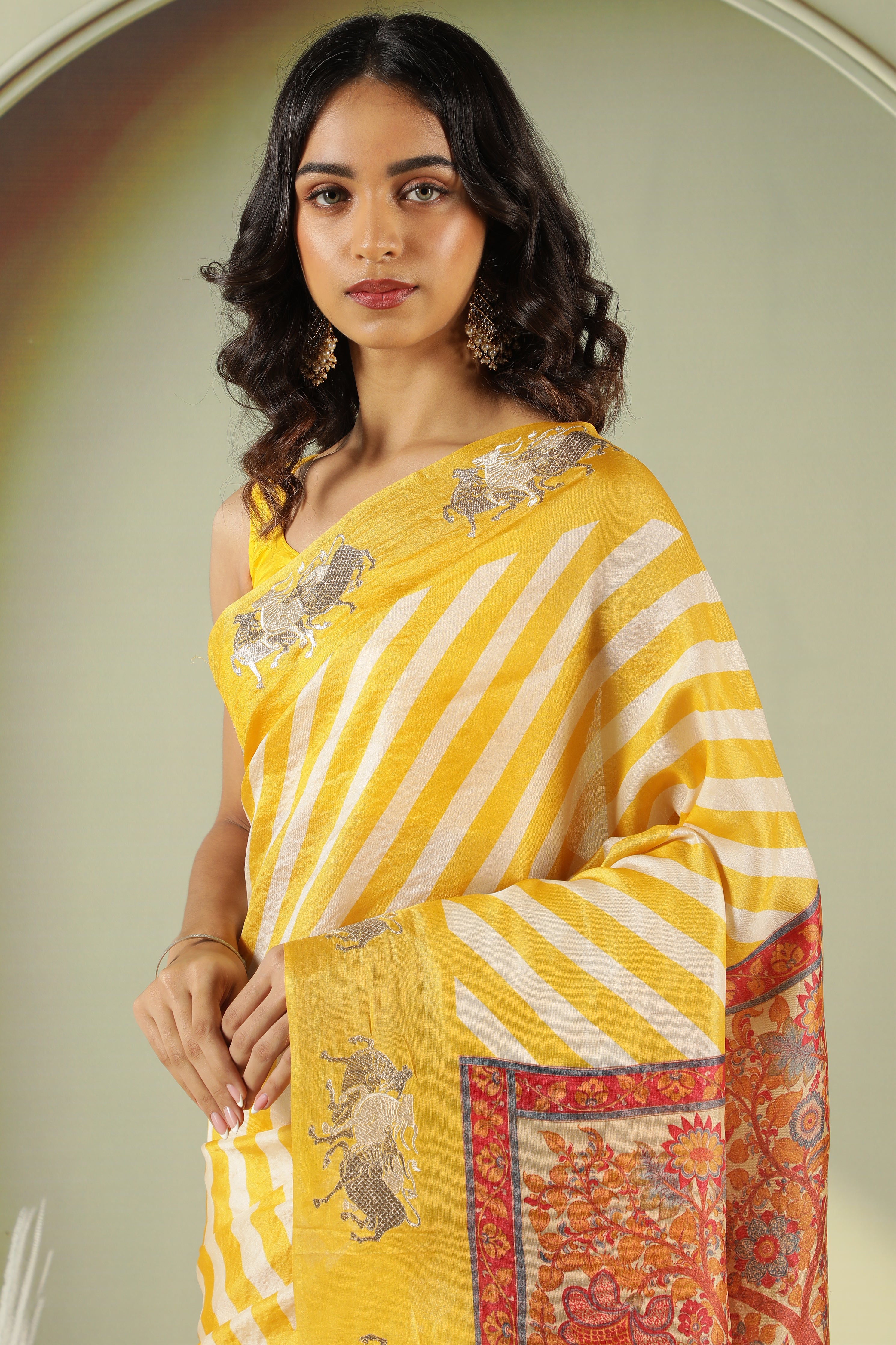 Yellow Off White Tussar Silk Saree with Zari Butta