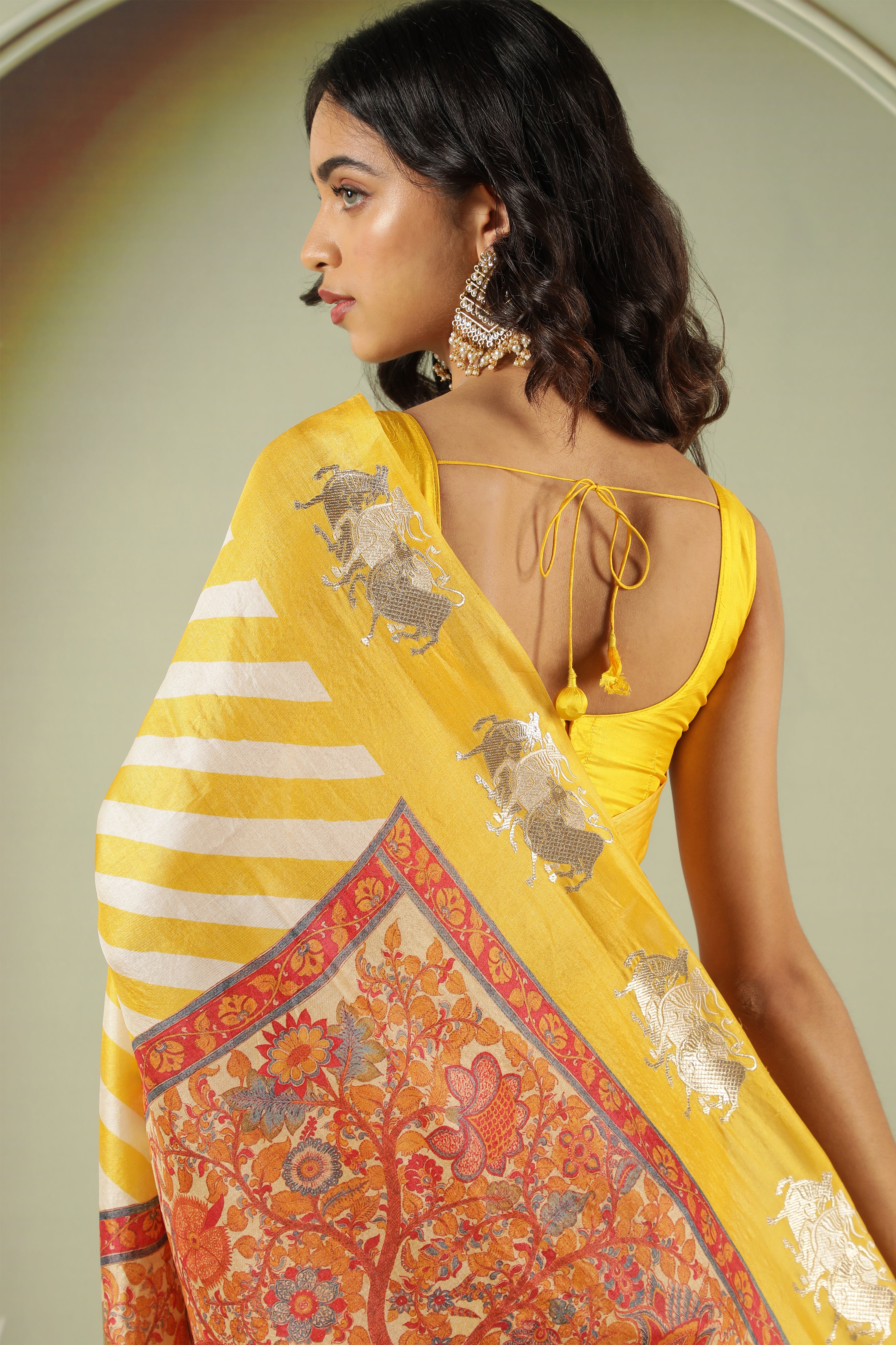 Yellow Off White Tussar Silk Saree with Zari Butta