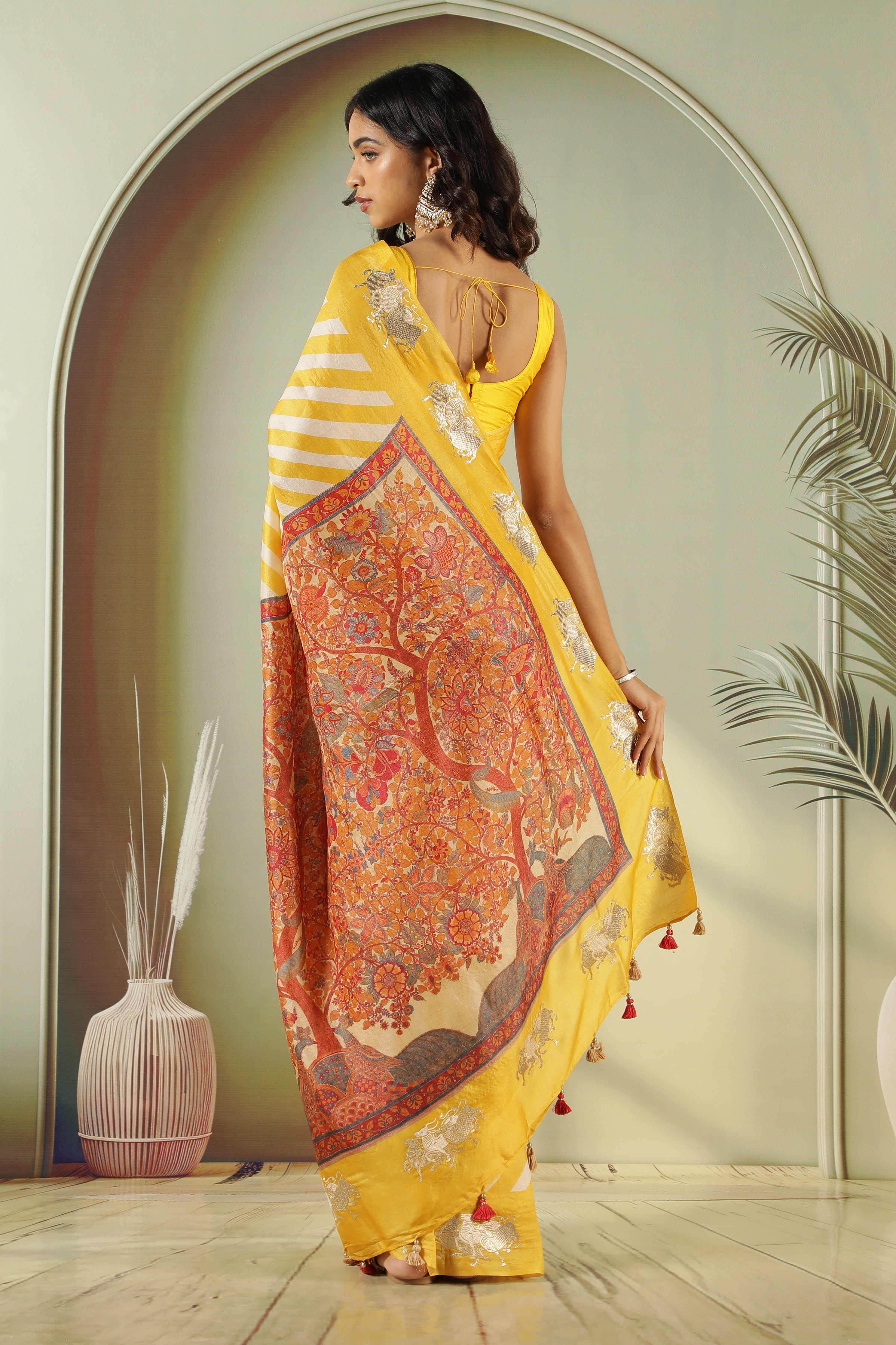 Yellow Off White Tussar Silk Saree with Zari Butta