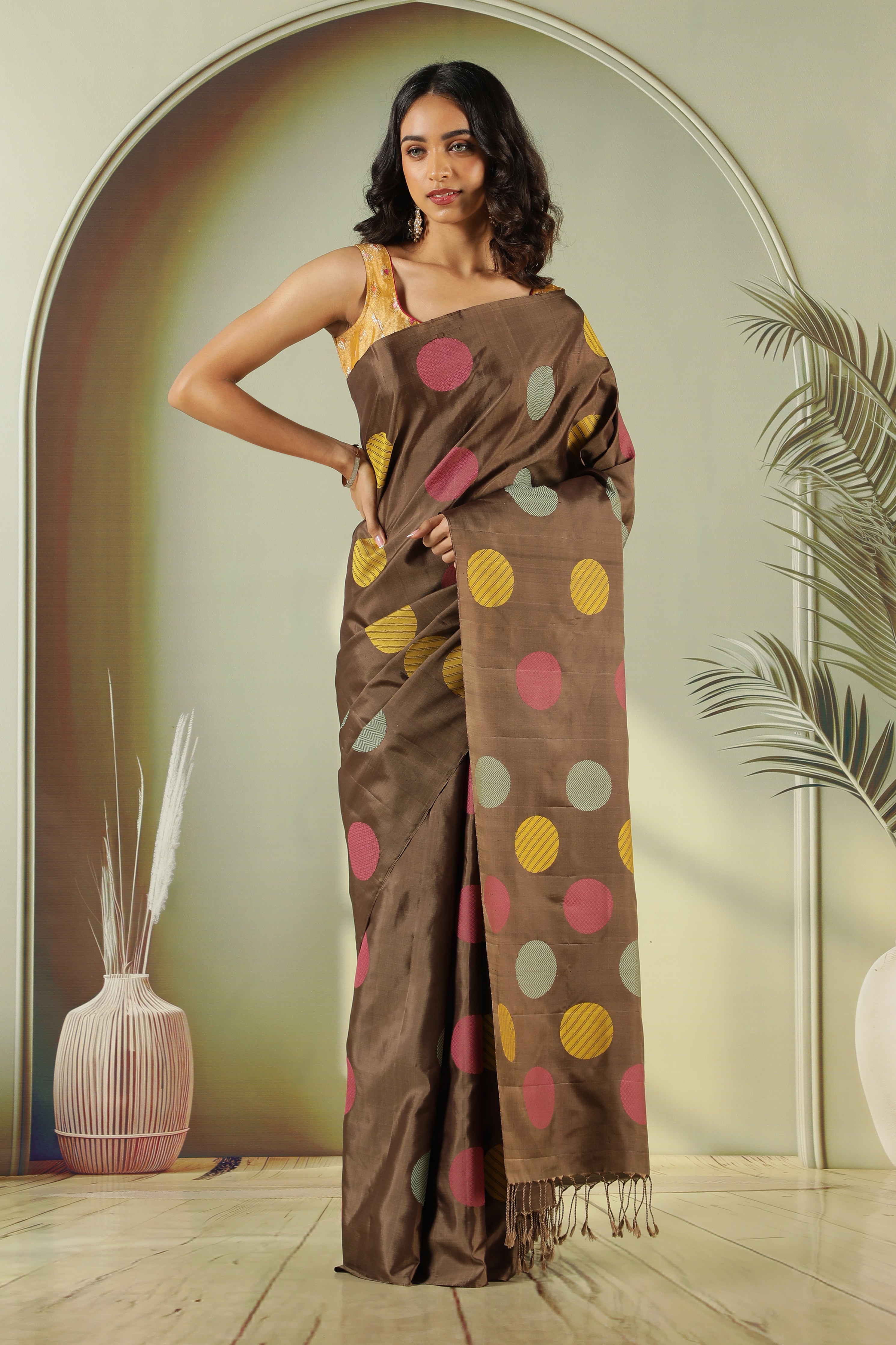 Brown Soft Silk Saree with Multi-Color Coin Butta