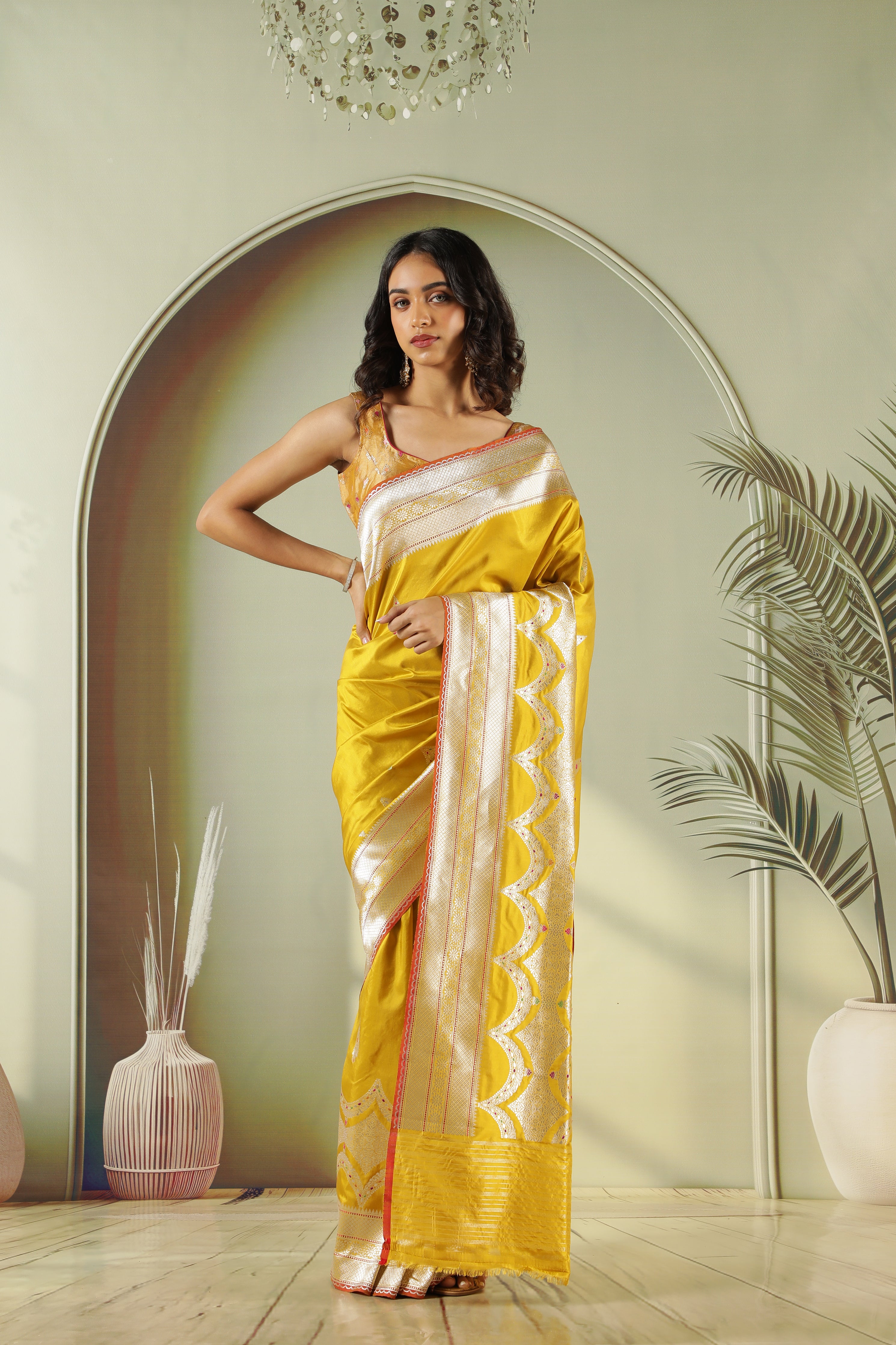 Mustard Banarasi Silk Saree with Fancy Butti & Contrast Blouse