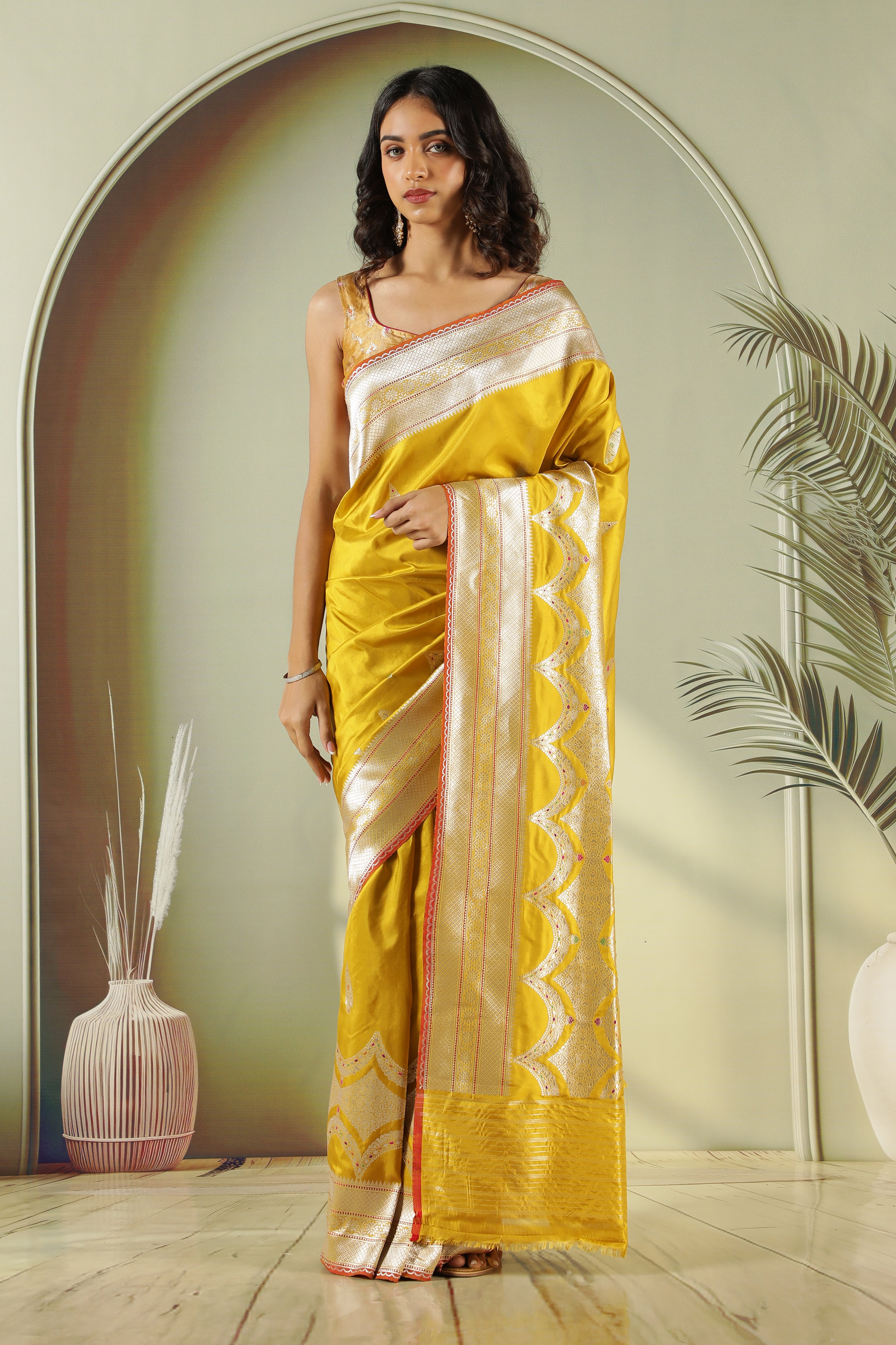 Mustard Banarasi Silk Saree with Fancy Butti & Contrast Blouse