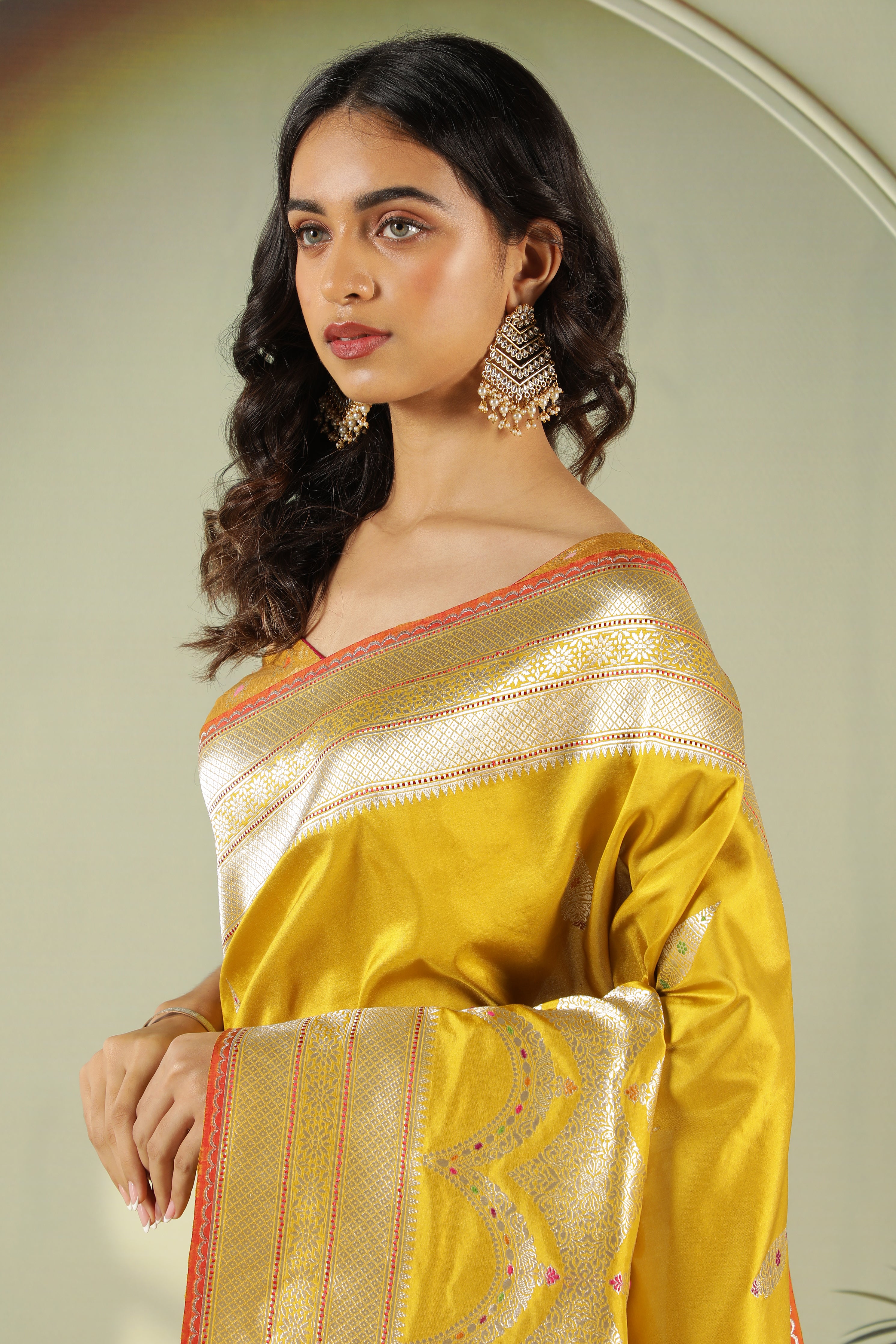Mustard Banarasi Silk Saree with Fancy Butti & Contrast Blouse