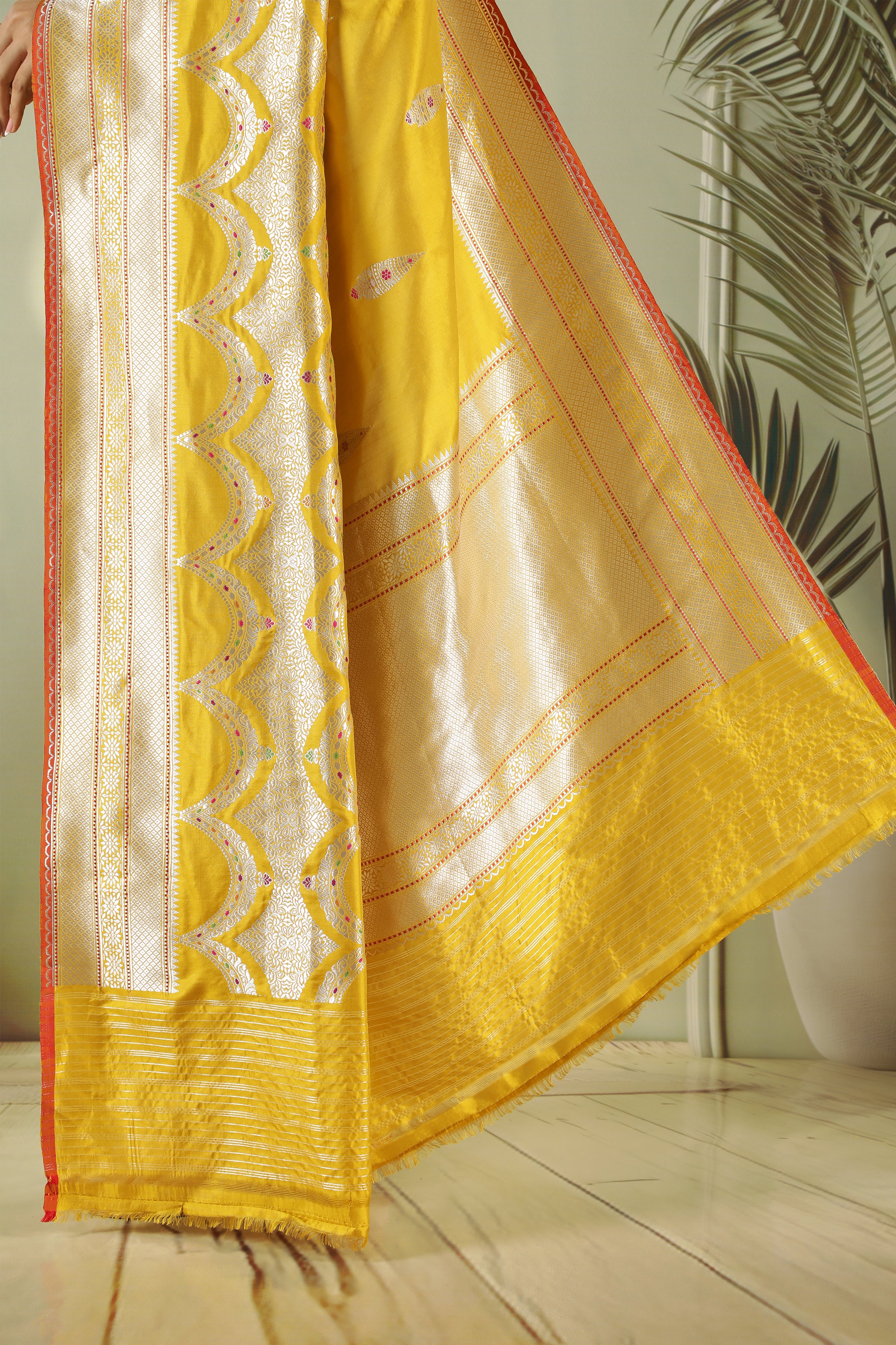 Mustard Banarasi Silk Saree with Fancy Butti & Contrast Blouse