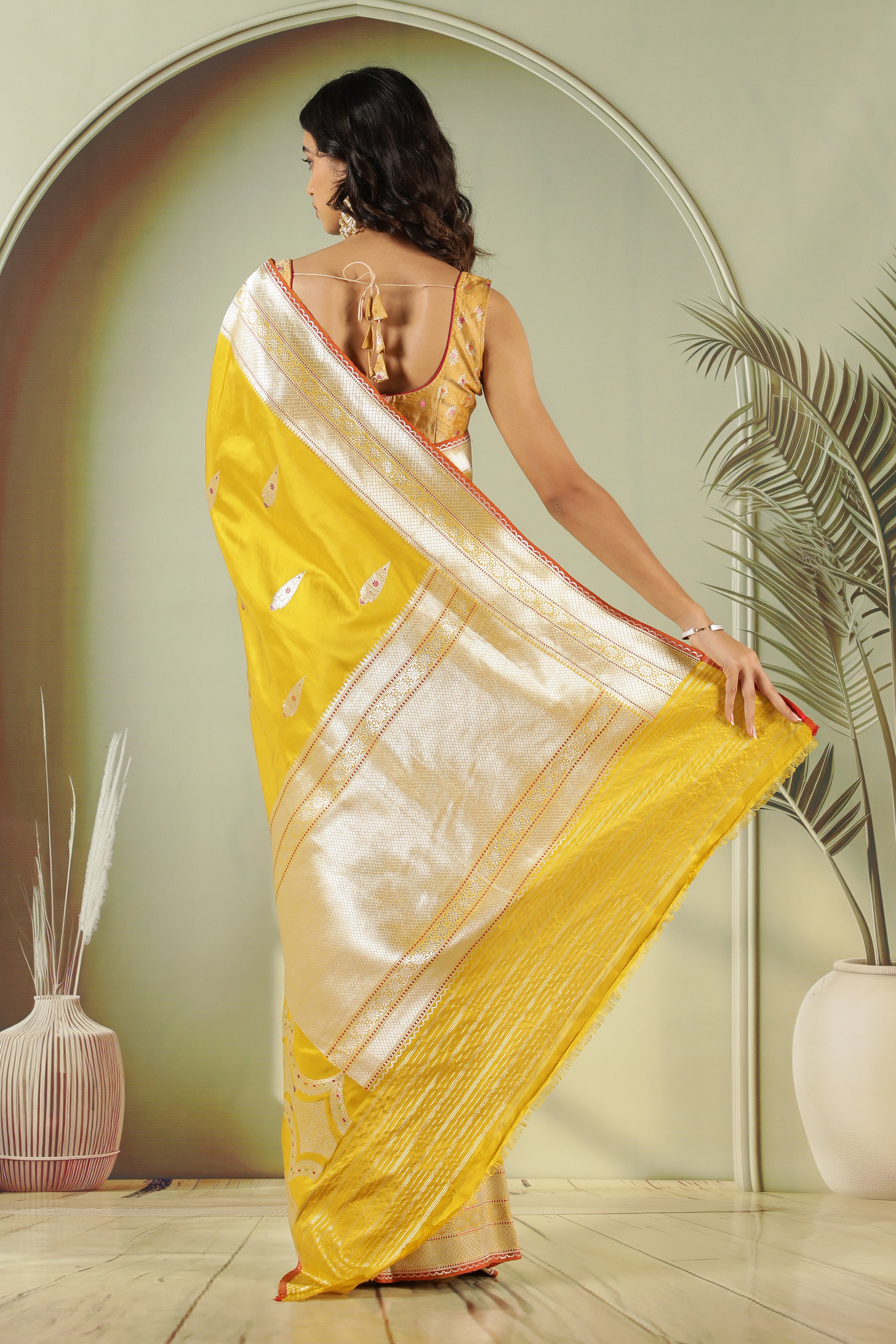 Mustard Banarasi Silk Saree with Fancy Butti & Contrast Blouse