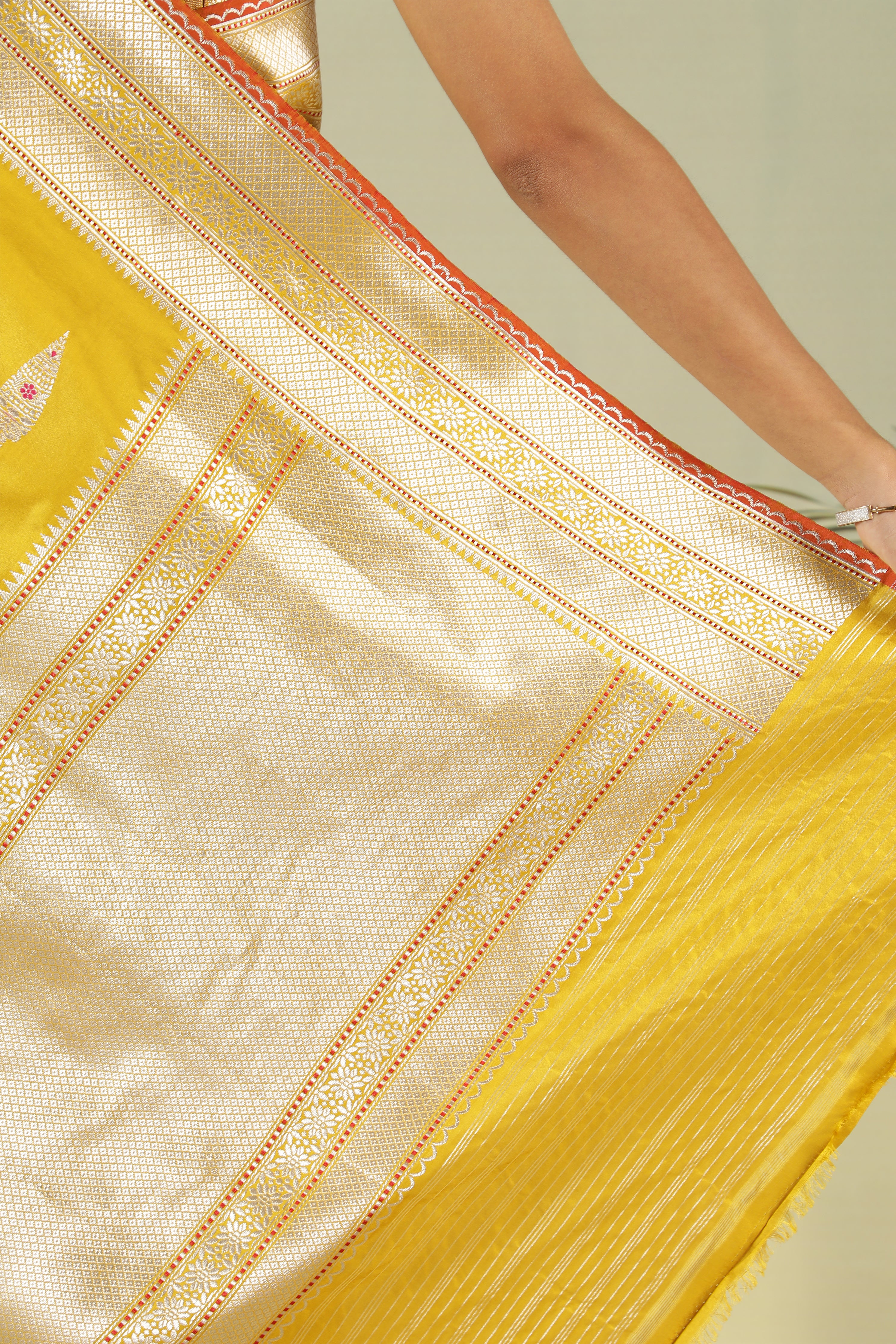 Mustard Banarasi Silk Saree with Fancy Butti & Contrast Blouse