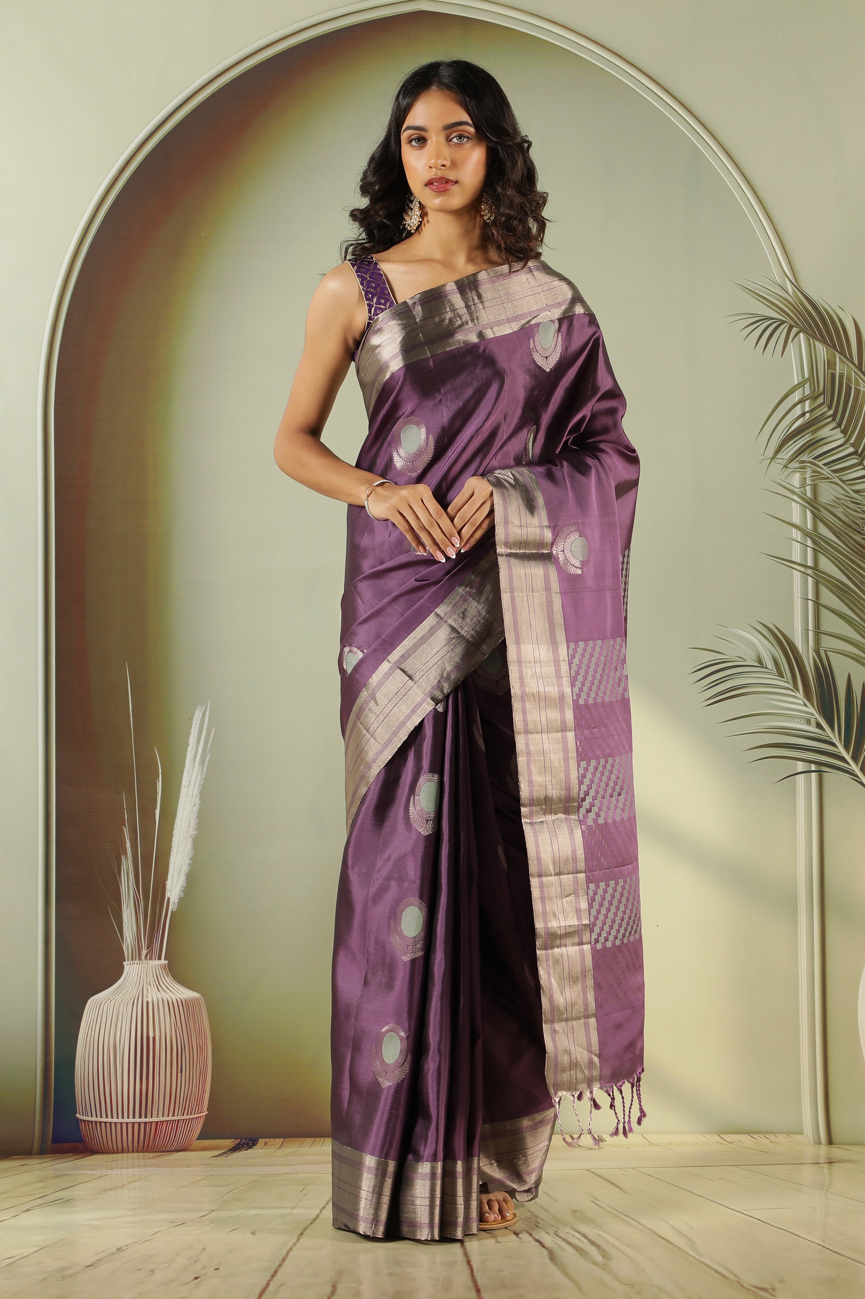 Purple Soft Silk Saree with Fancy Buttas & Zari Border