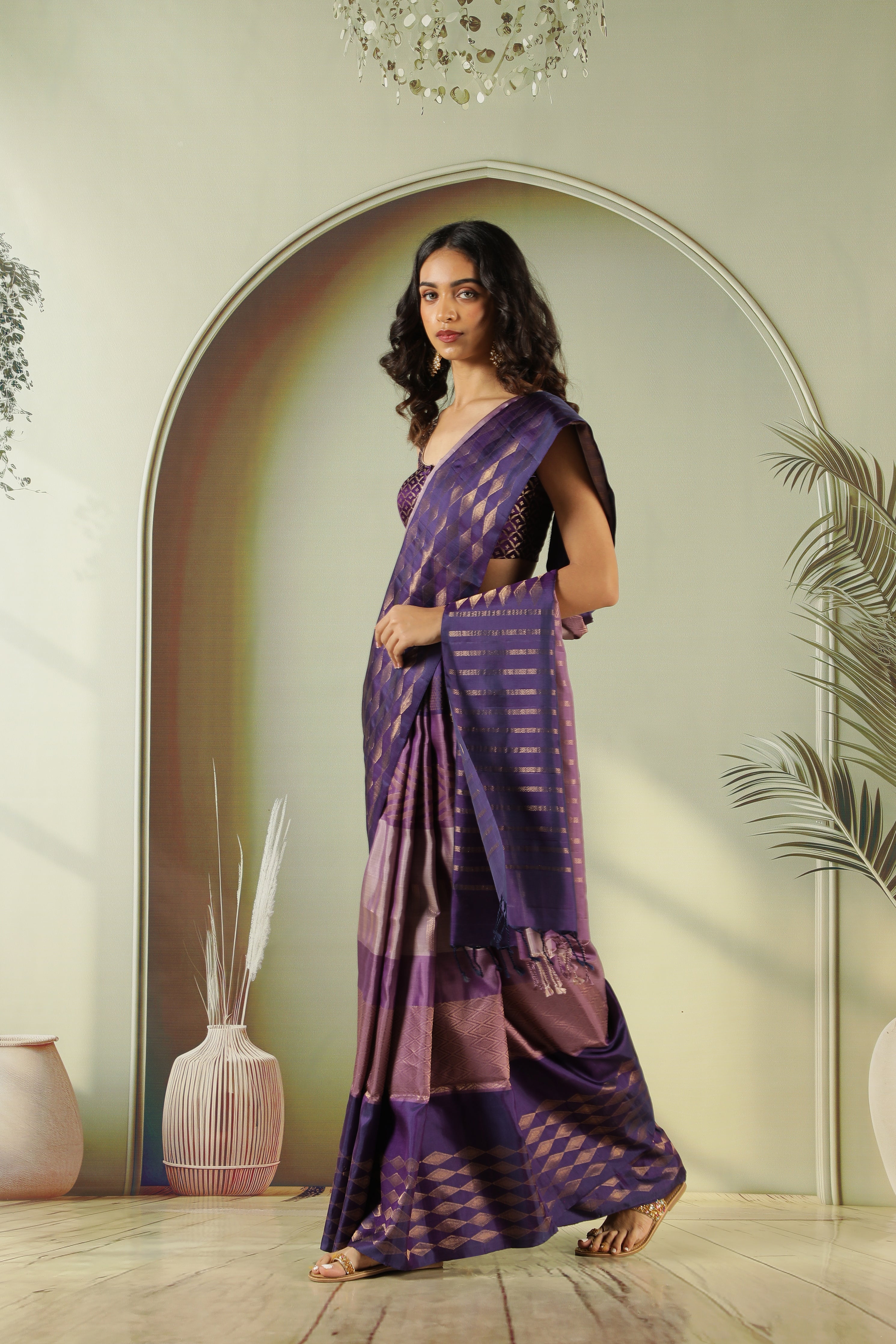 Light Purple Soft Silk Saree with Fancy Weaving & Contrast Blouse