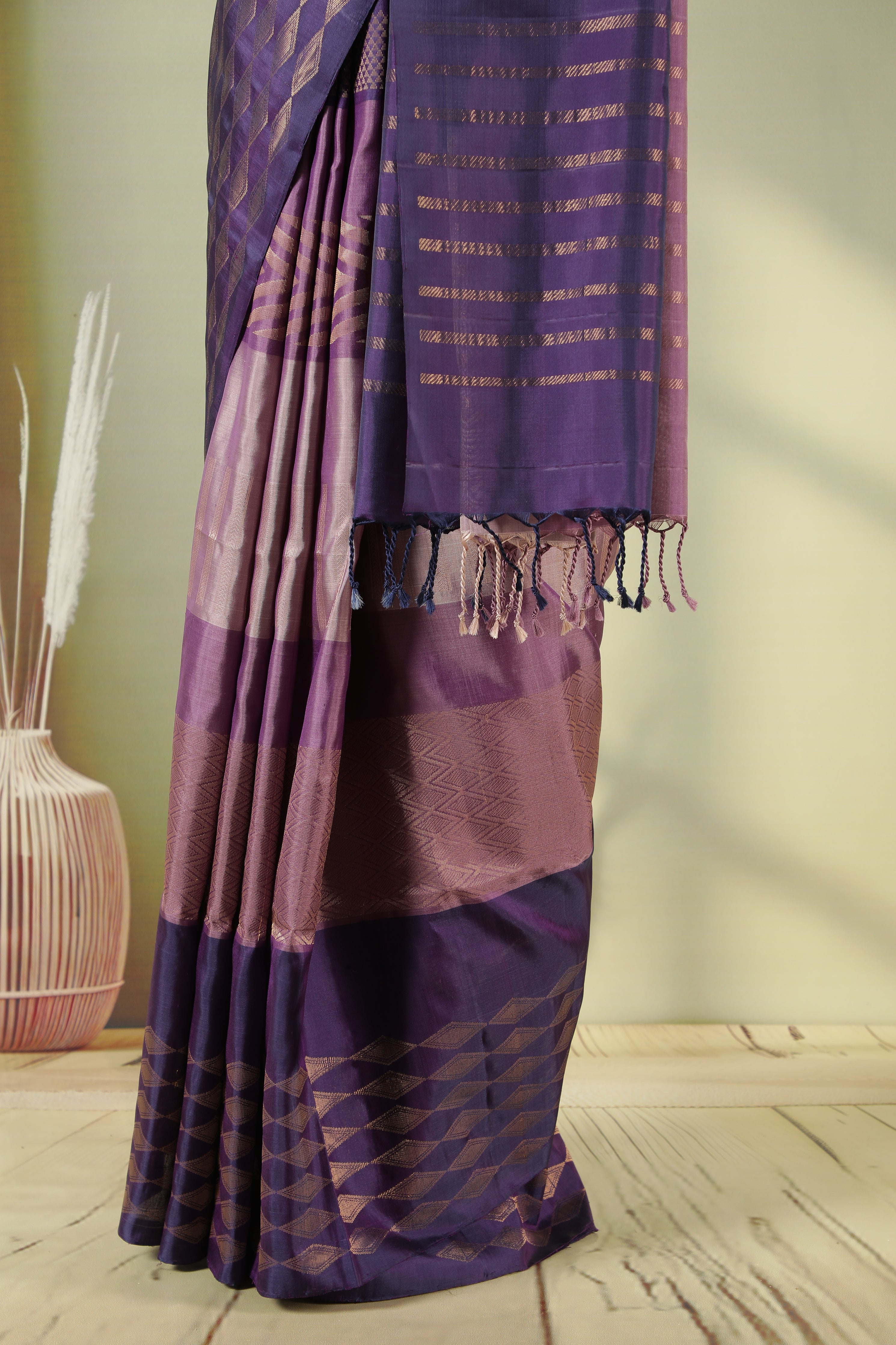 Light Purple Soft Silk Saree with Fancy Weaving & Contrast Blouse