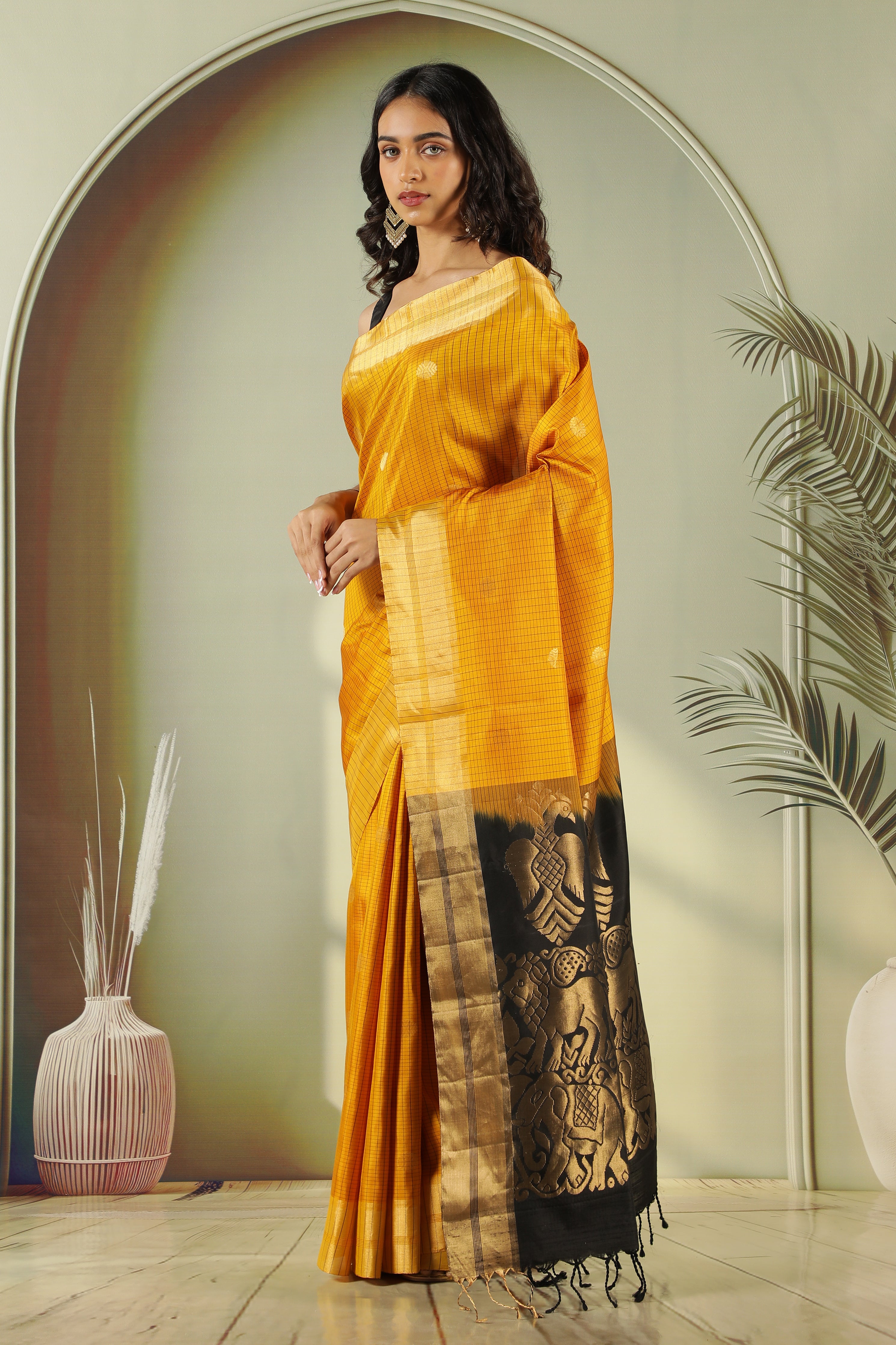 Mustard Soft Silk Saree with Contrast Black Zari Pallu