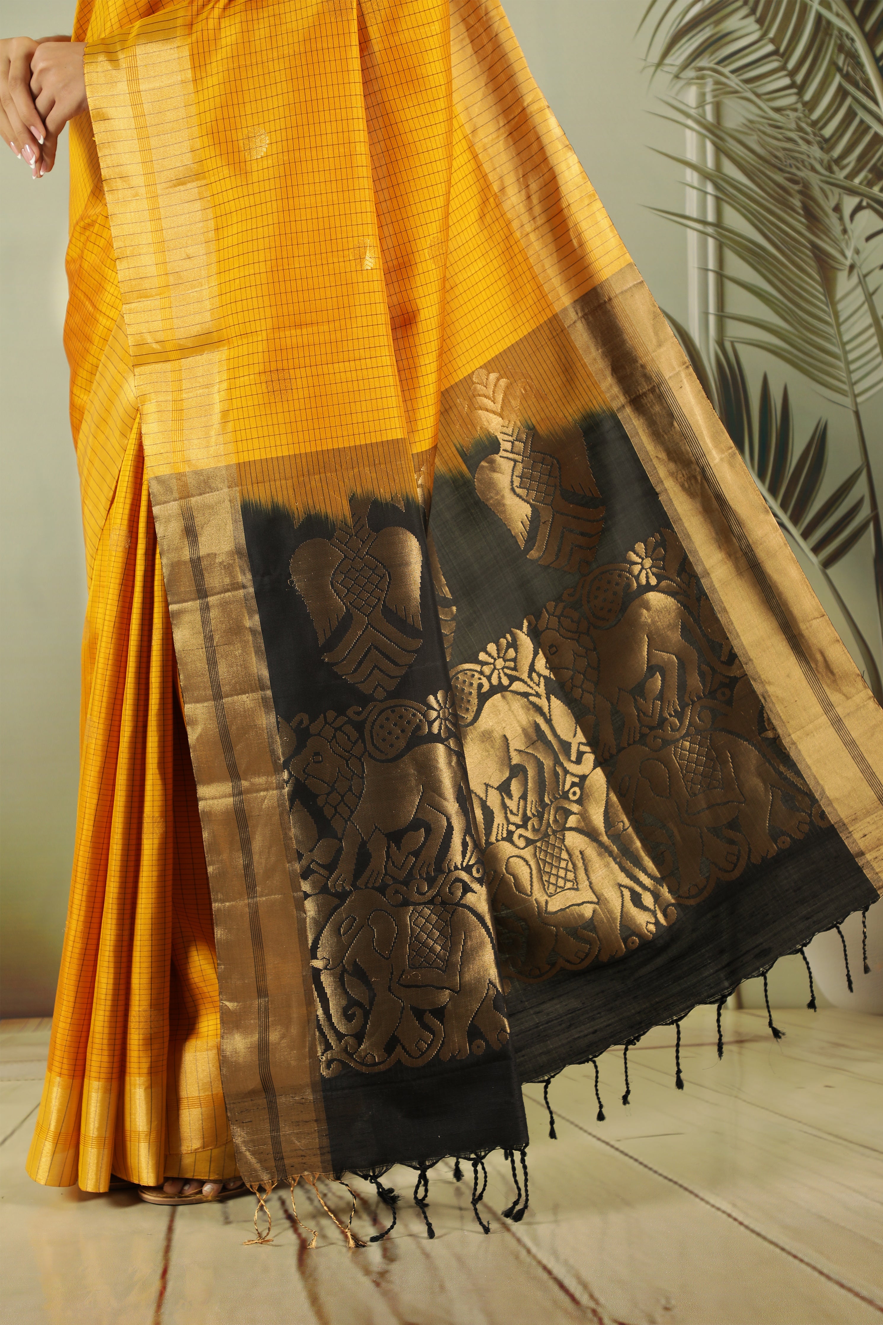 Mustard Soft Silk Saree with Contrast Black Zari Pallu