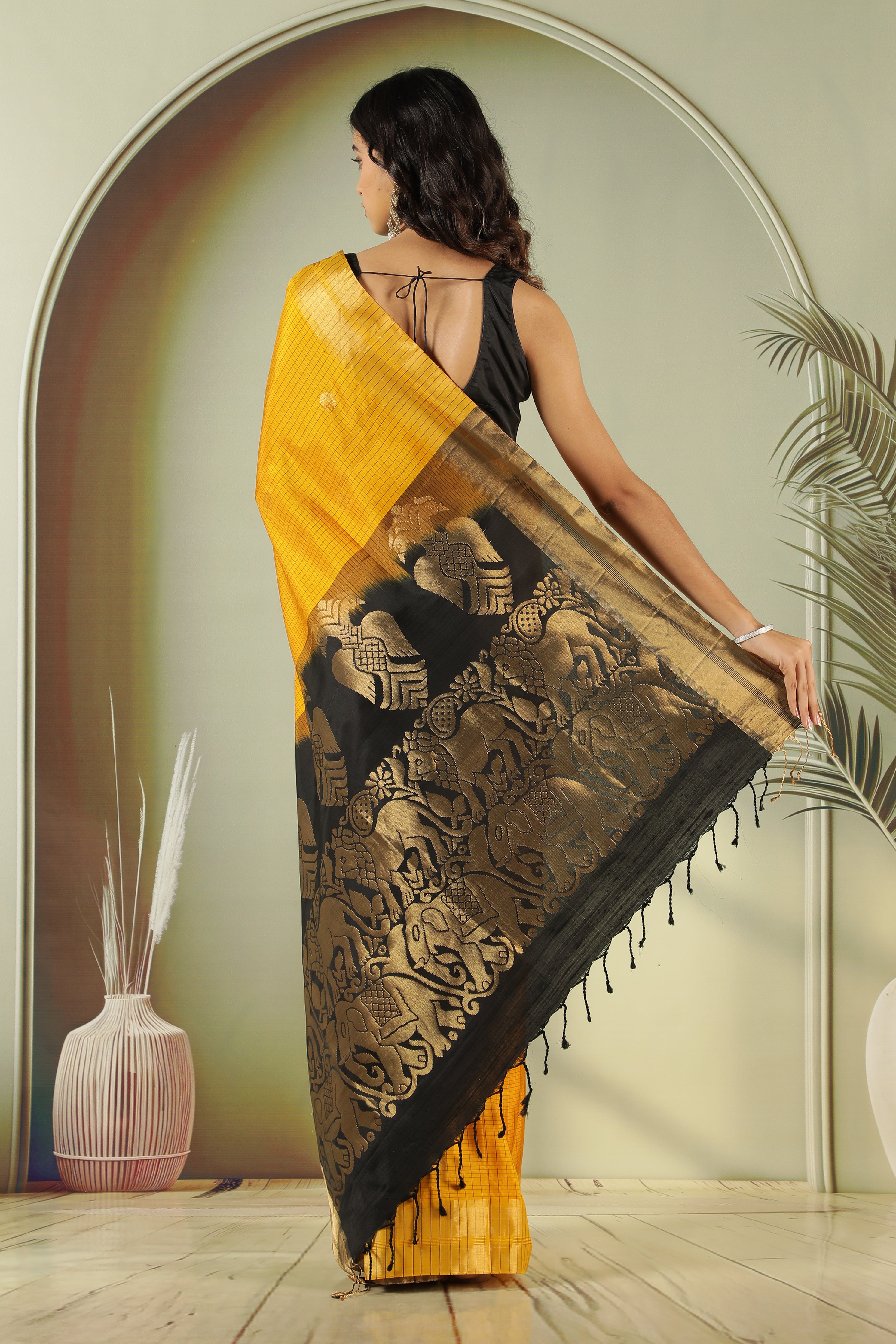 Mustard Soft Silk Saree with Contrast Black Zari Pallu