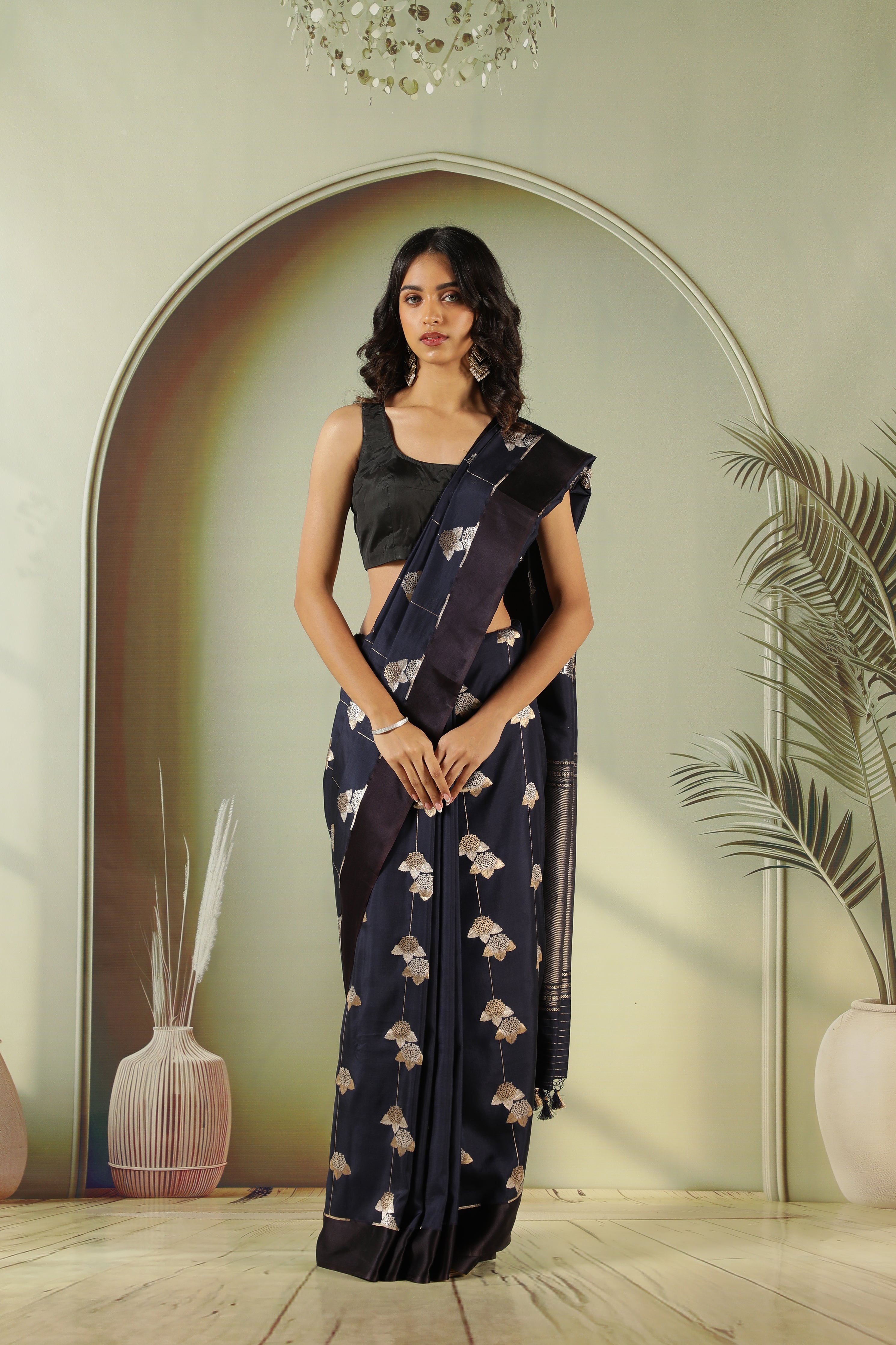 Navy Blue Banarasi Silk Saree with Fancy Butta & Satin Border