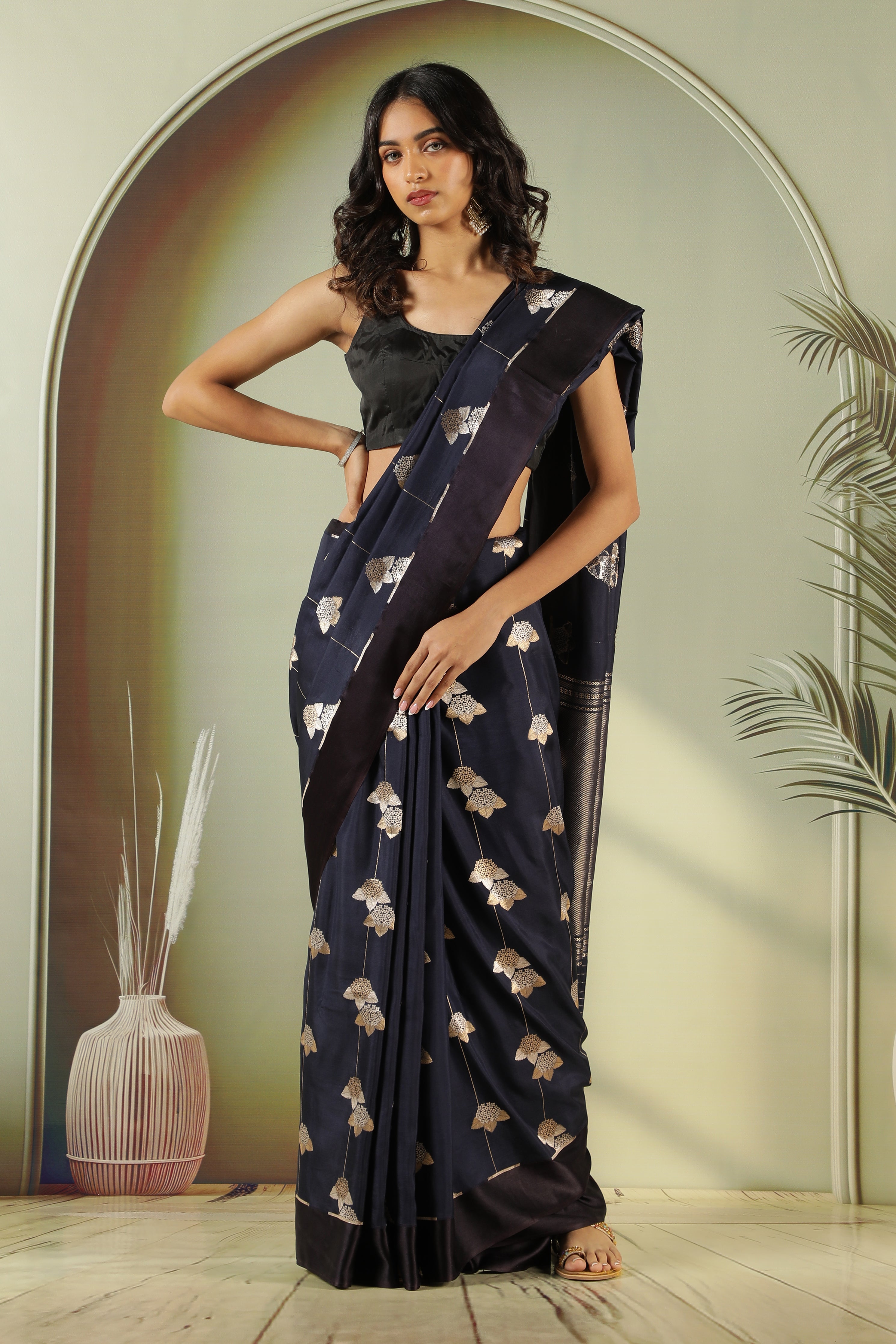 Navy Blue Banarasi Silk Saree with Fancy Butta & Satin Border