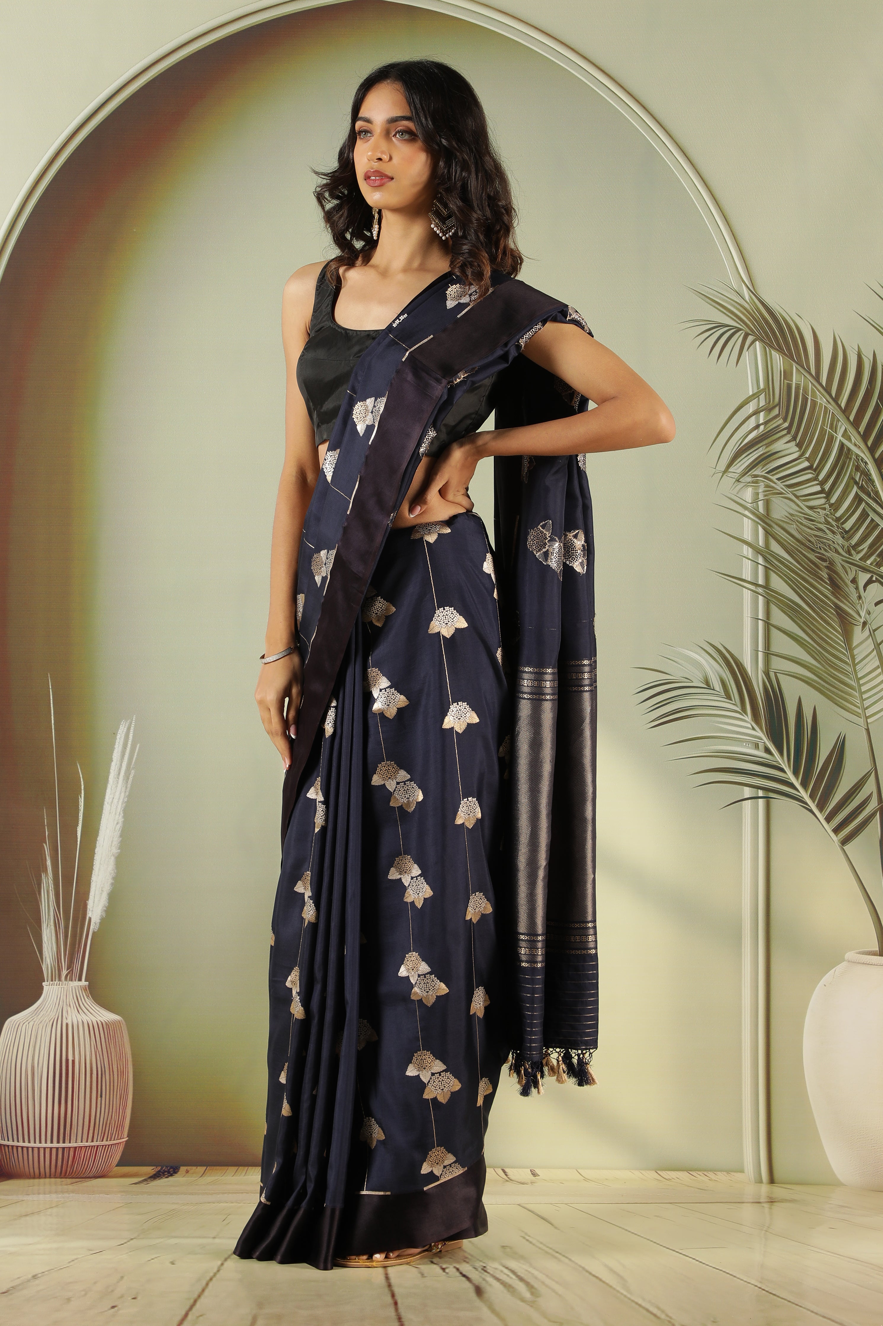 Navy Blue Banarasi Silk Saree with Fancy Butta & Satin Border