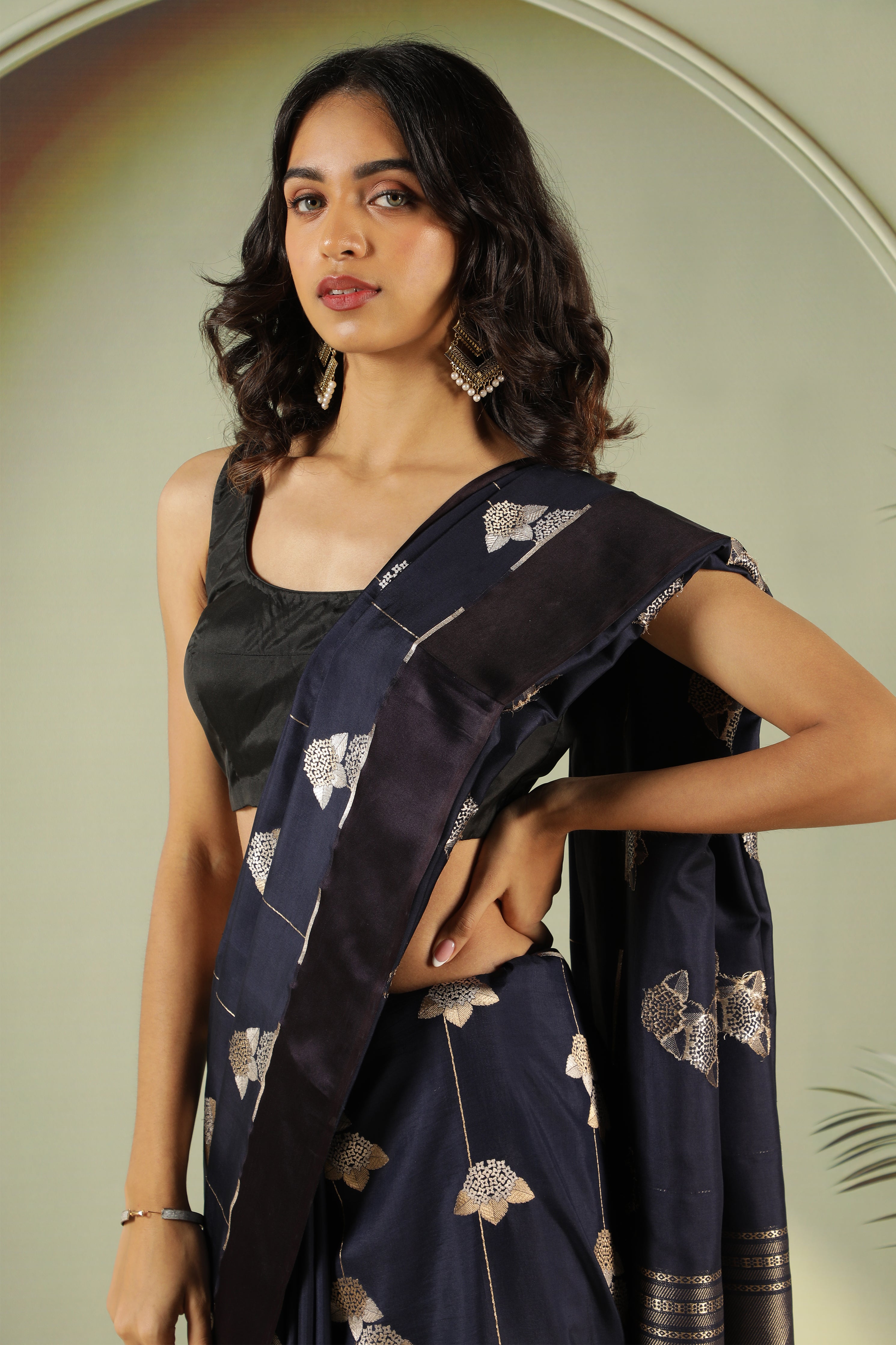 Navy Blue Banarasi Silk Saree with Fancy Butta & Satin Border