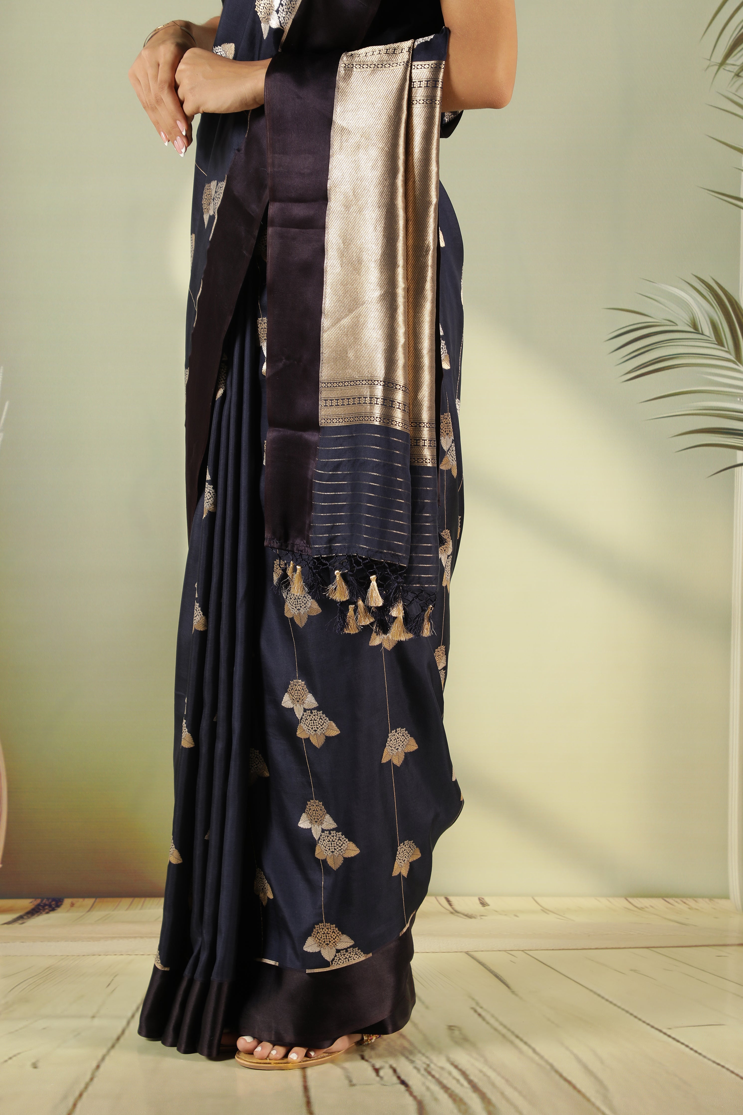 Navy Blue Banarasi Silk Saree with Fancy Butta & Satin Border