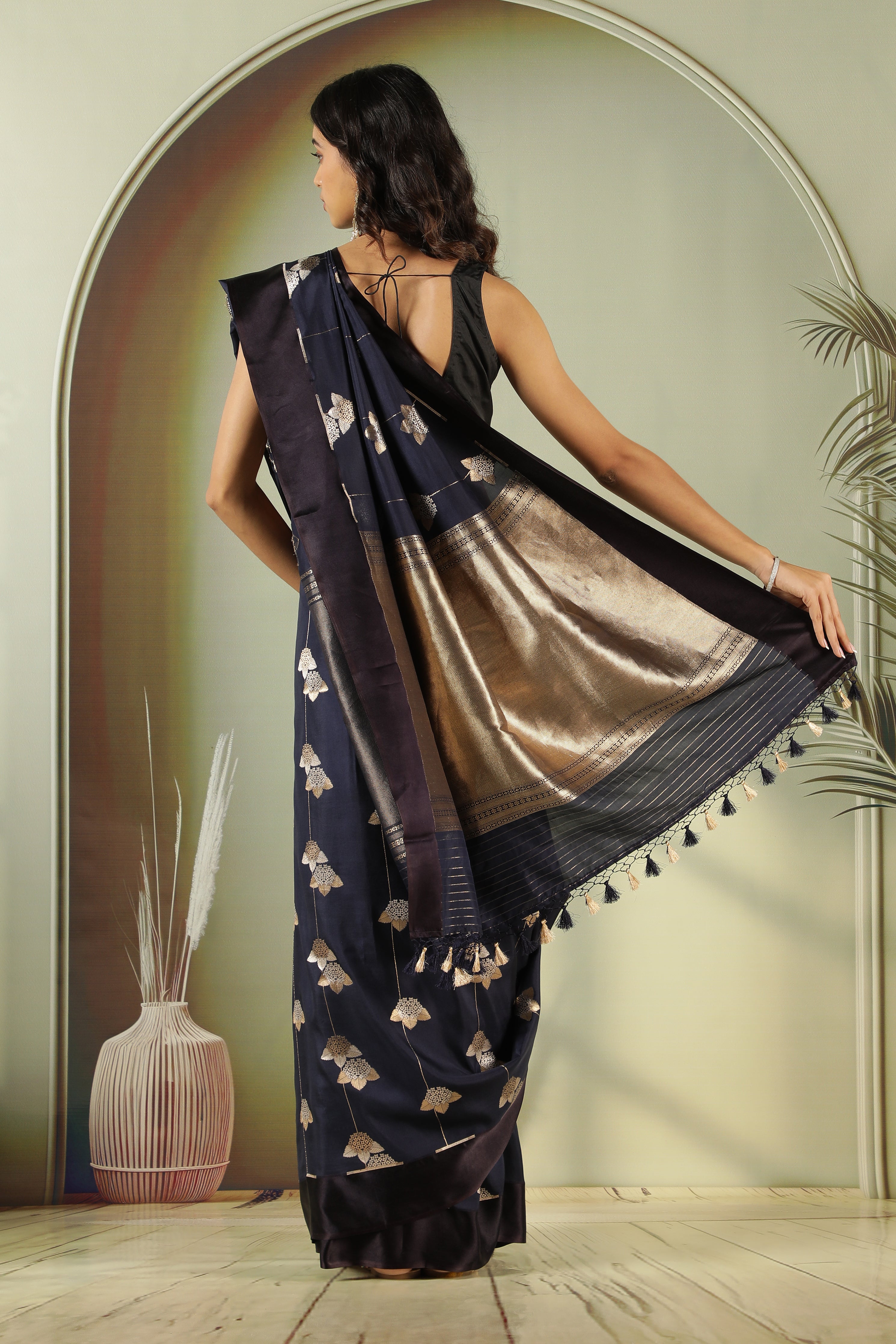 Navy Blue Banarasi Silk Saree with Fancy Butta & Satin Border