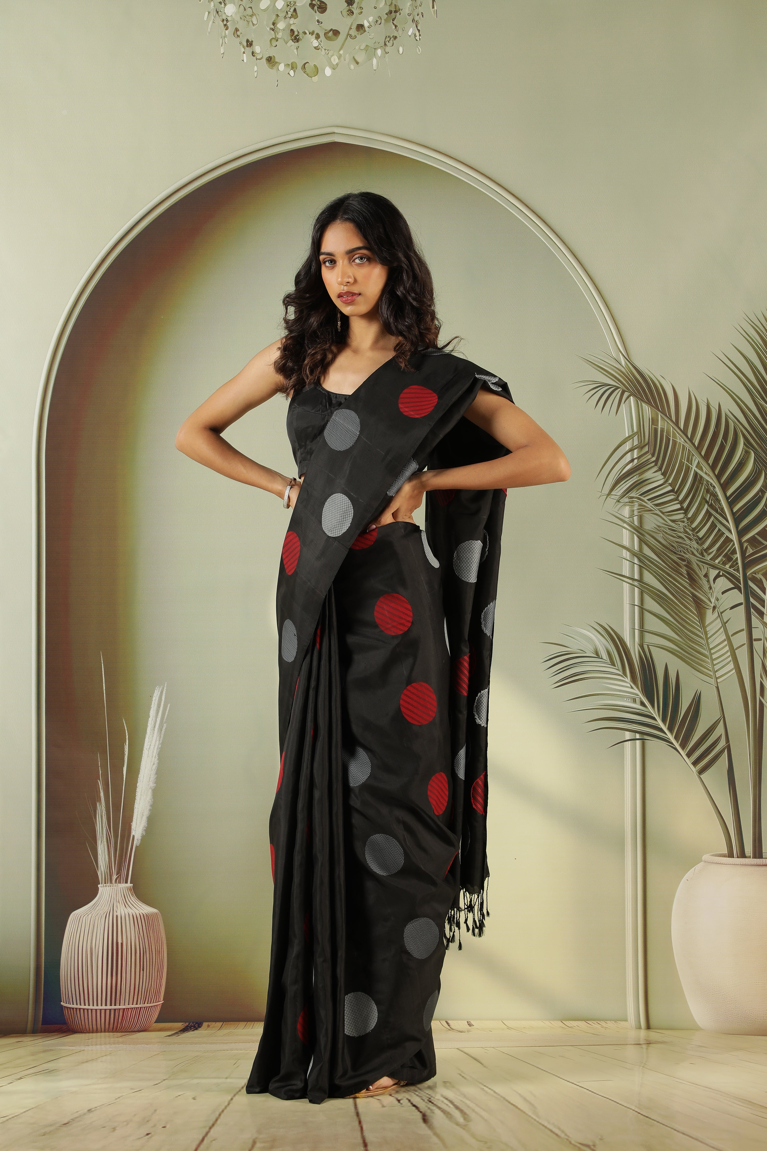 Black Soft Silk Saree with Silver Grey & Red Butta