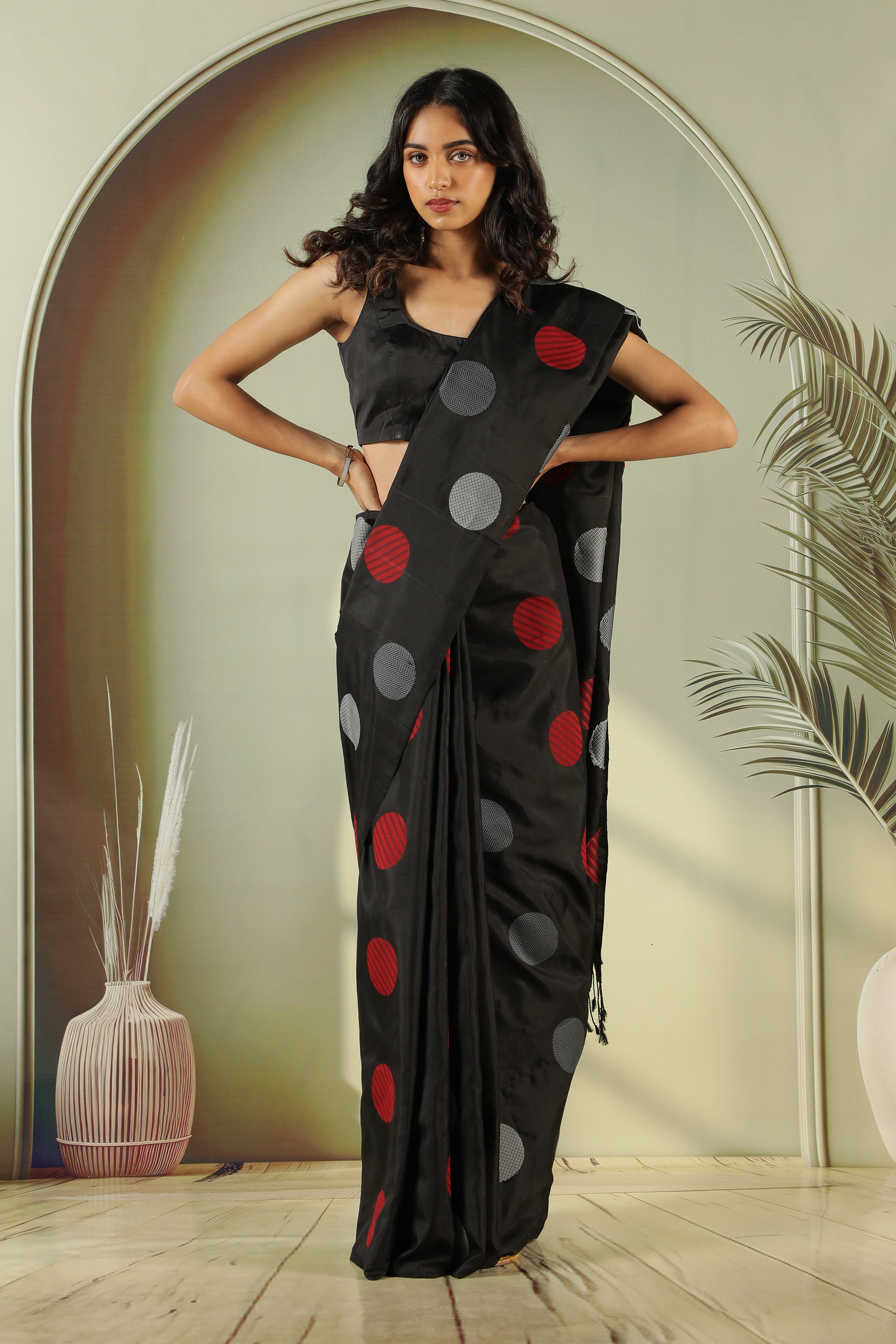 Black Soft Silk Saree with Silver Grey & Red Butta