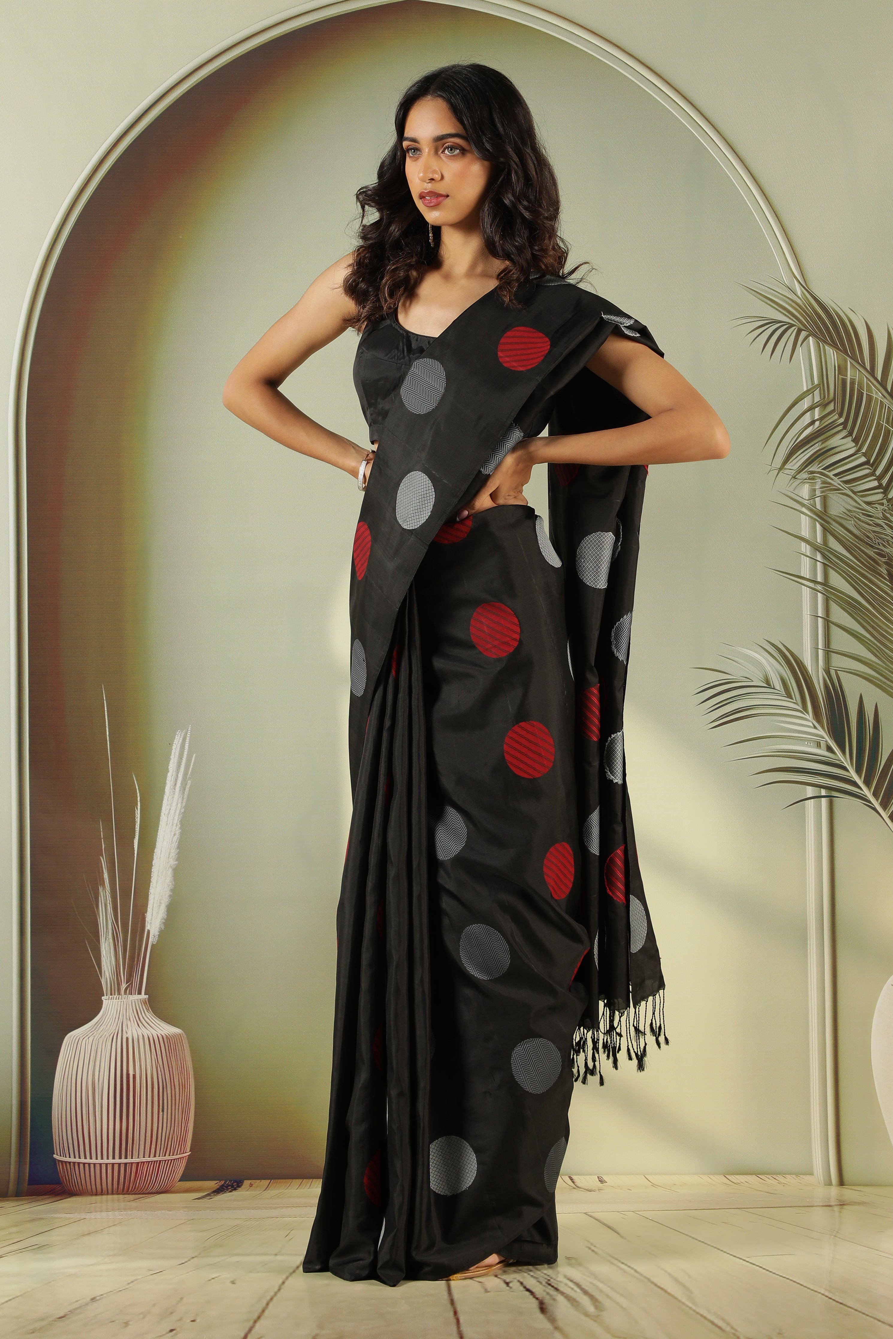 Black Soft Silk Saree with Silver Grey & Red Butta