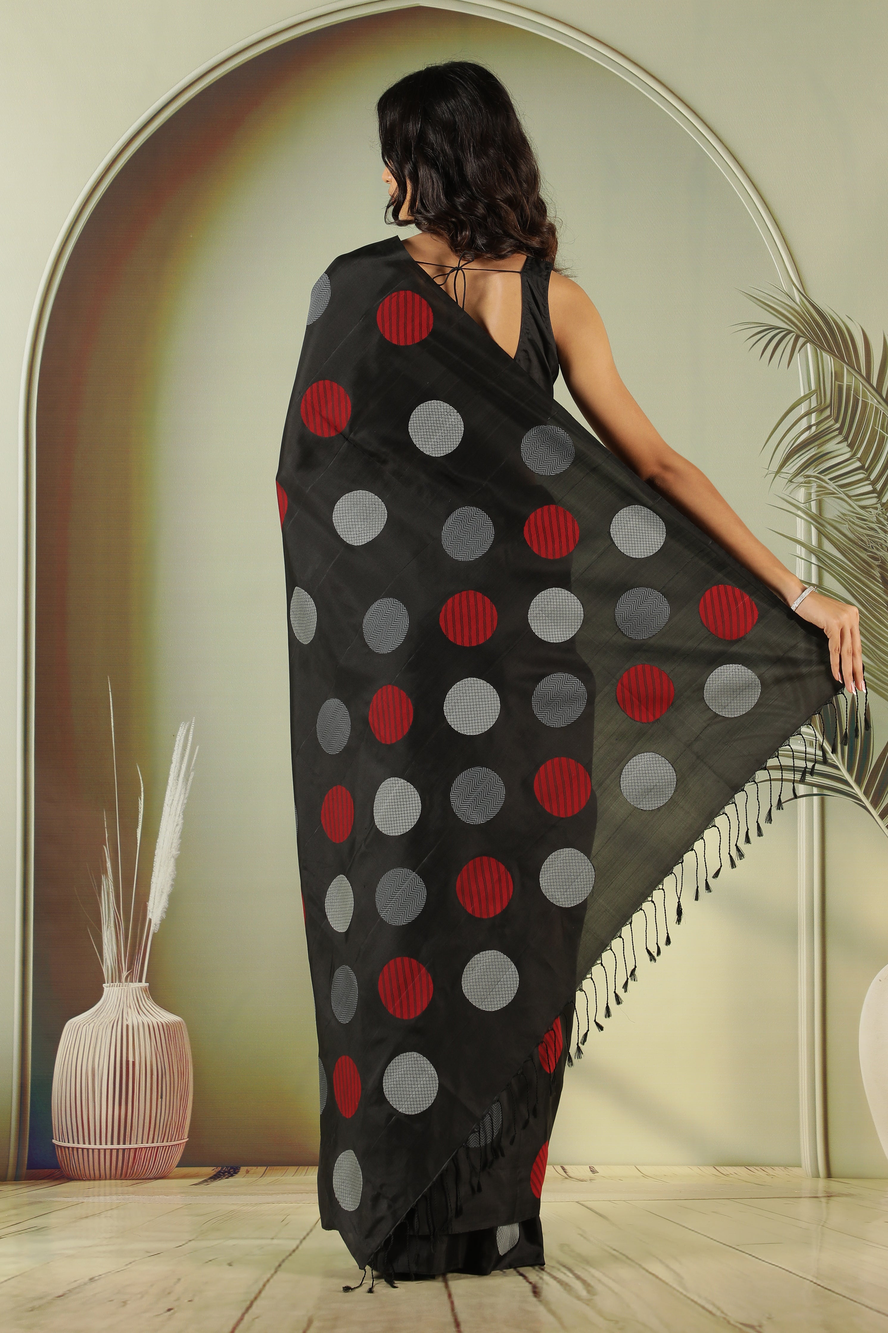 Black Soft Silk Saree with Silver Grey & Red Butta