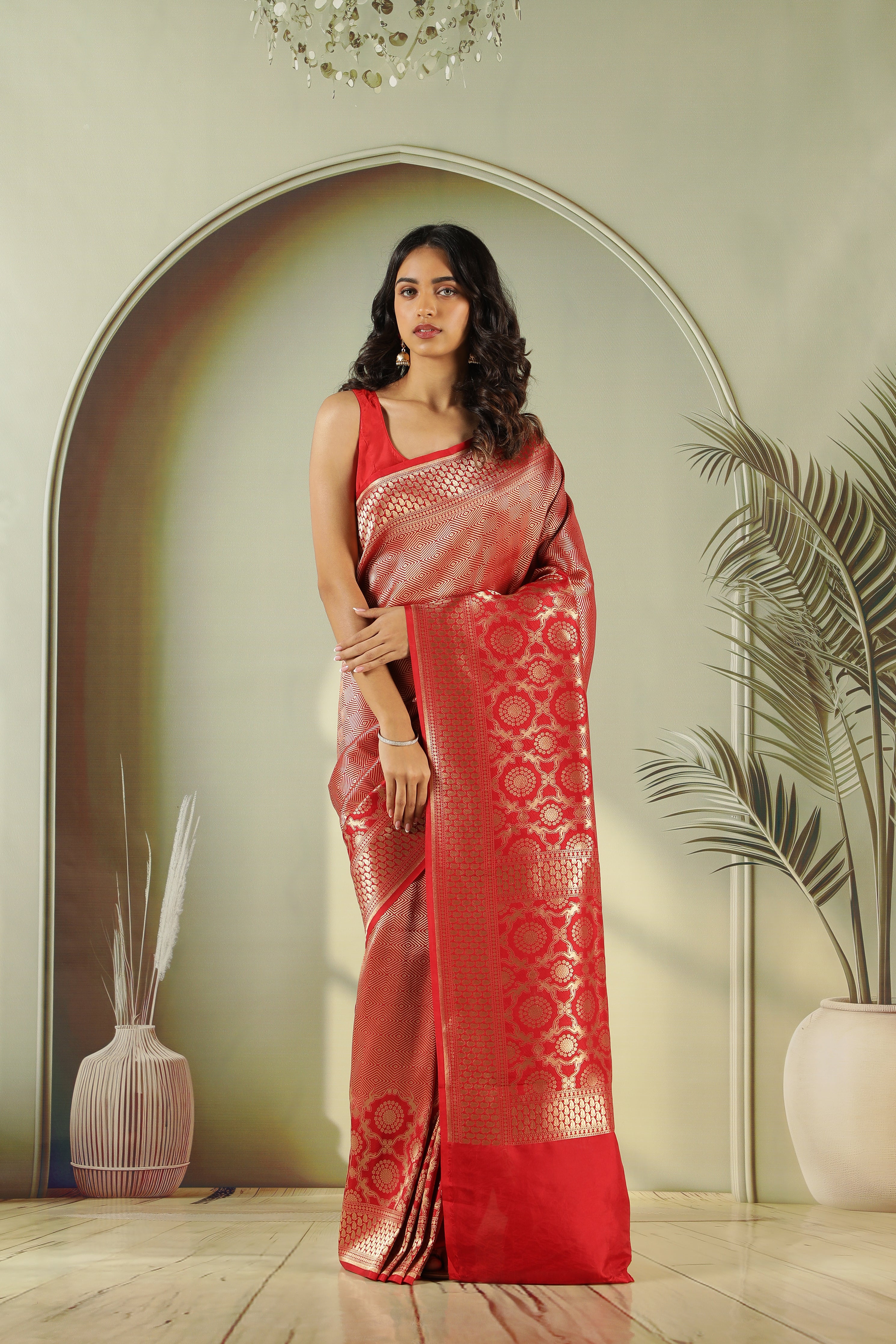 Red Banarasi Silk Saree with Self Zari Weaving & Long Border