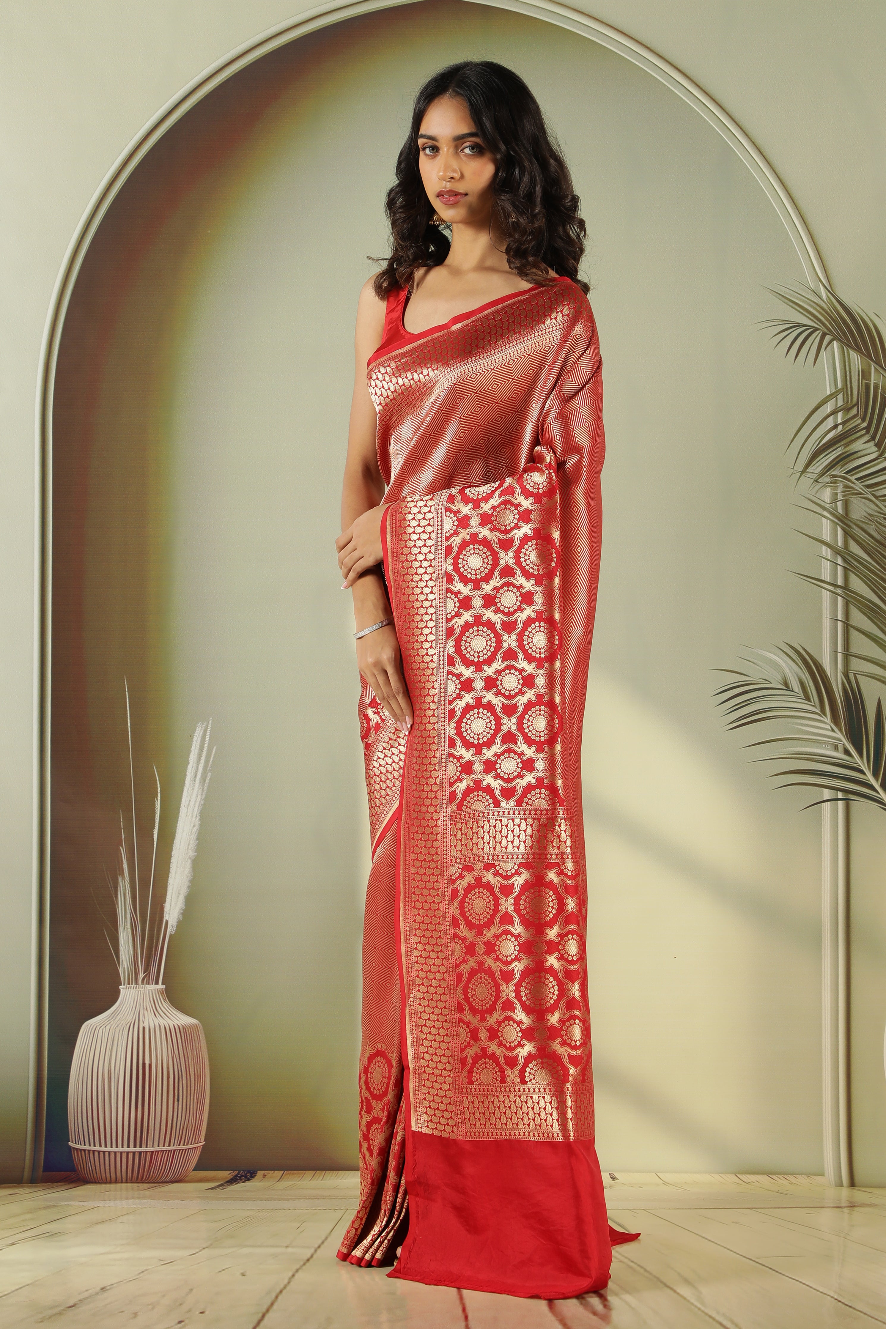 Red Banarasi Silk Saree with Self Zari Weaving & Long Border