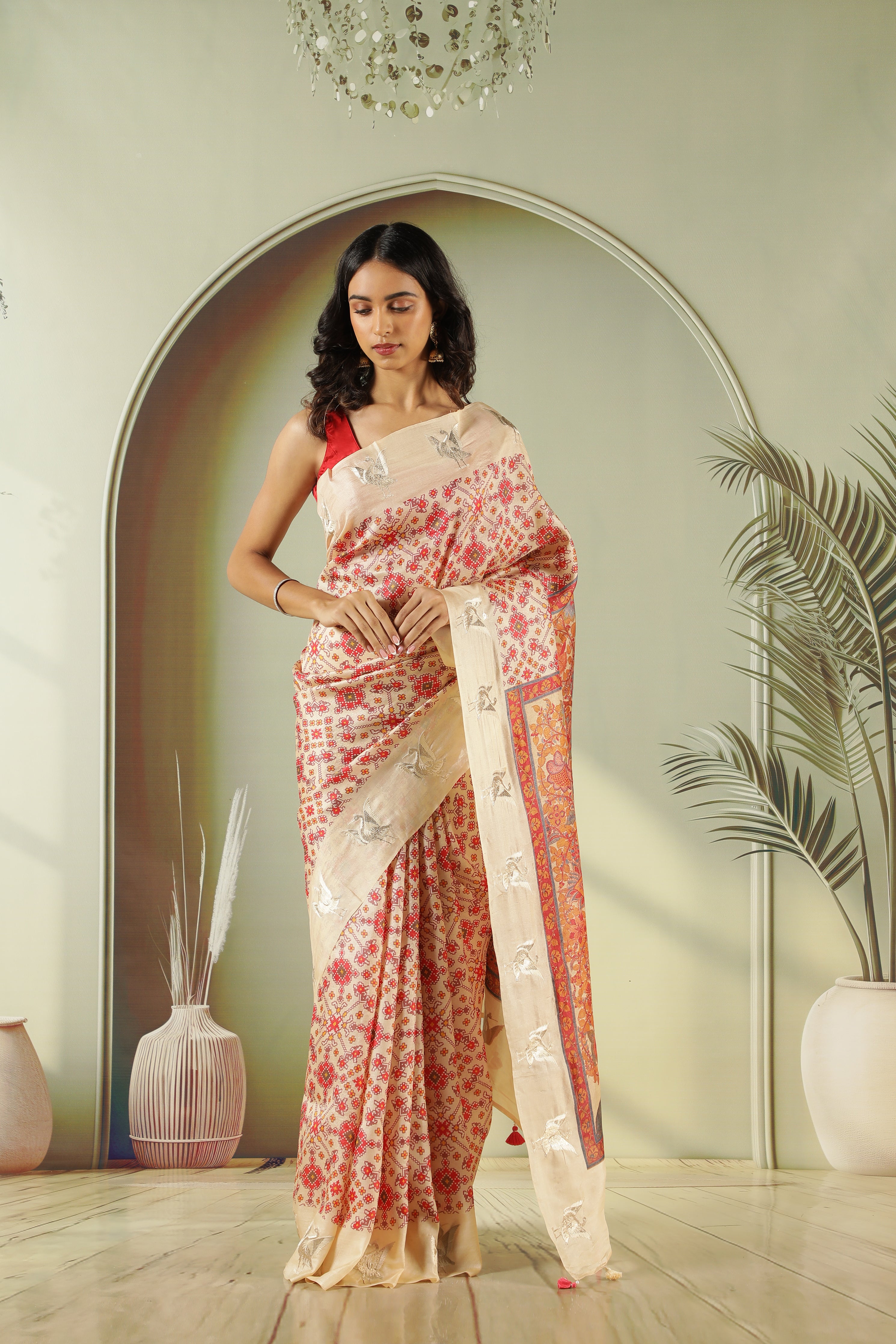 Cream Tussar Silk Saree with Ikat Print & Zari Butti Border