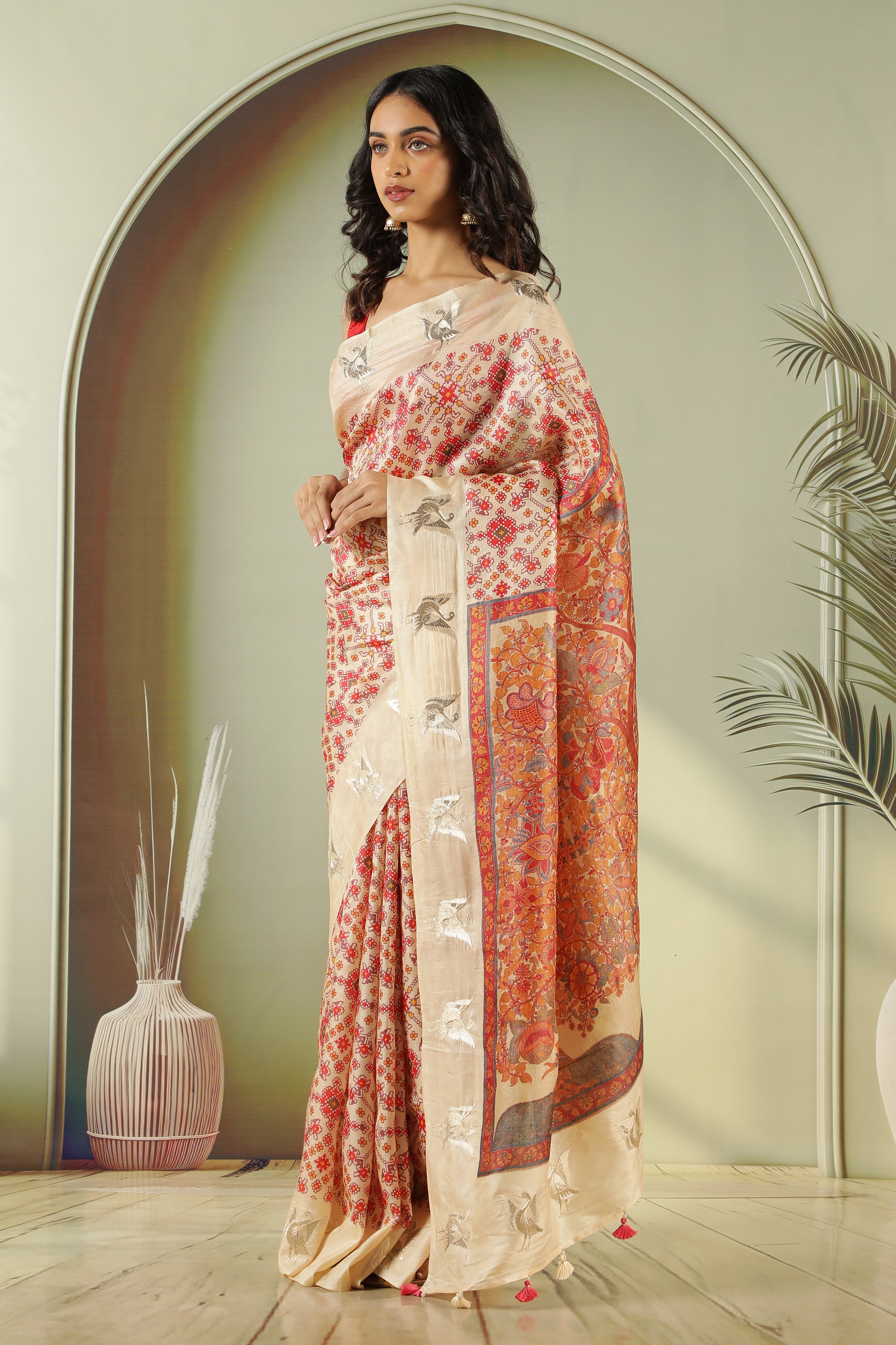 Cream Tussar Silk Saree with Ikat Print & Zari Butti Border