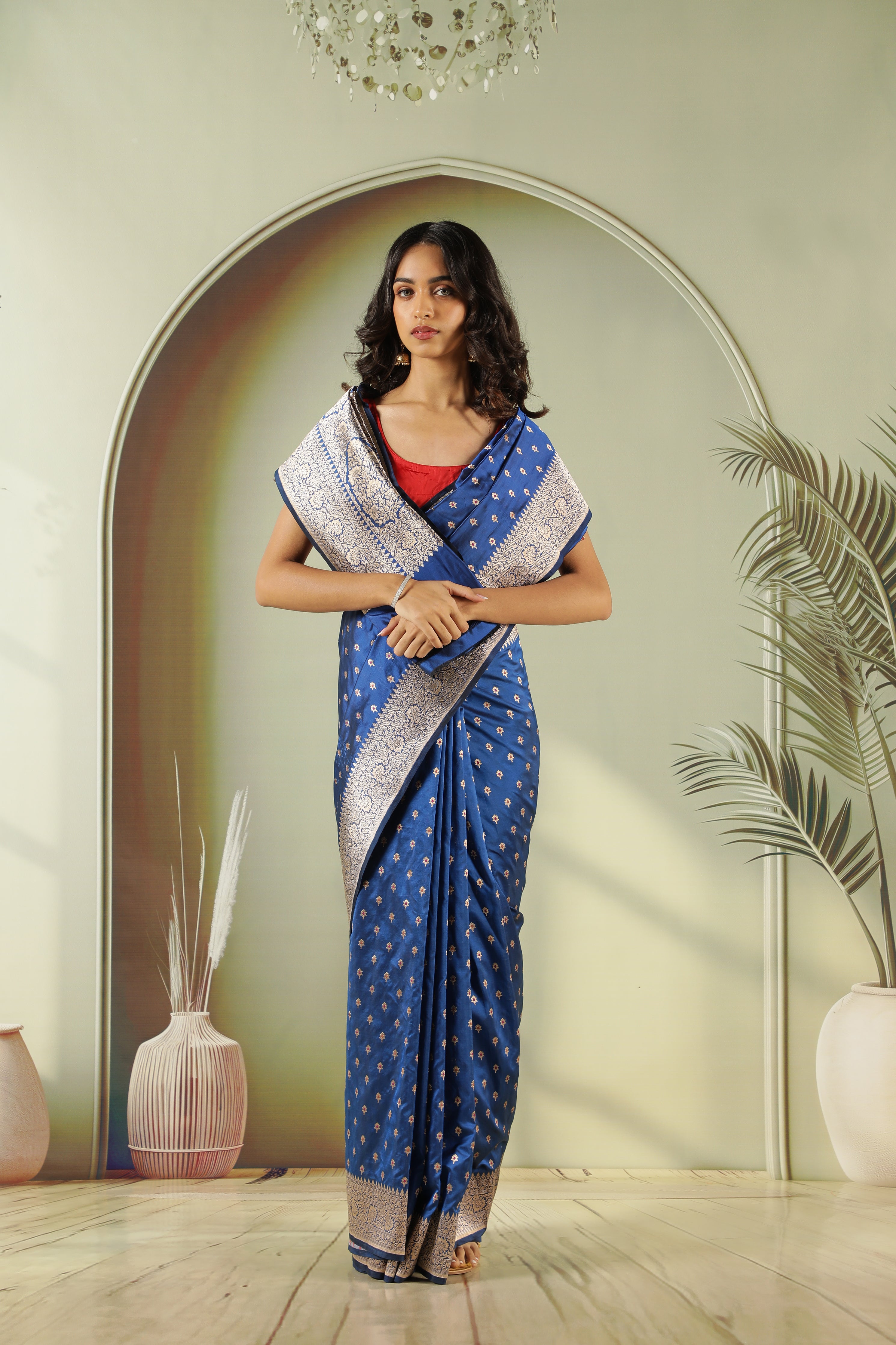 Royal Blue Banarasi Silk Saree with Butti Weaving & Zari Border