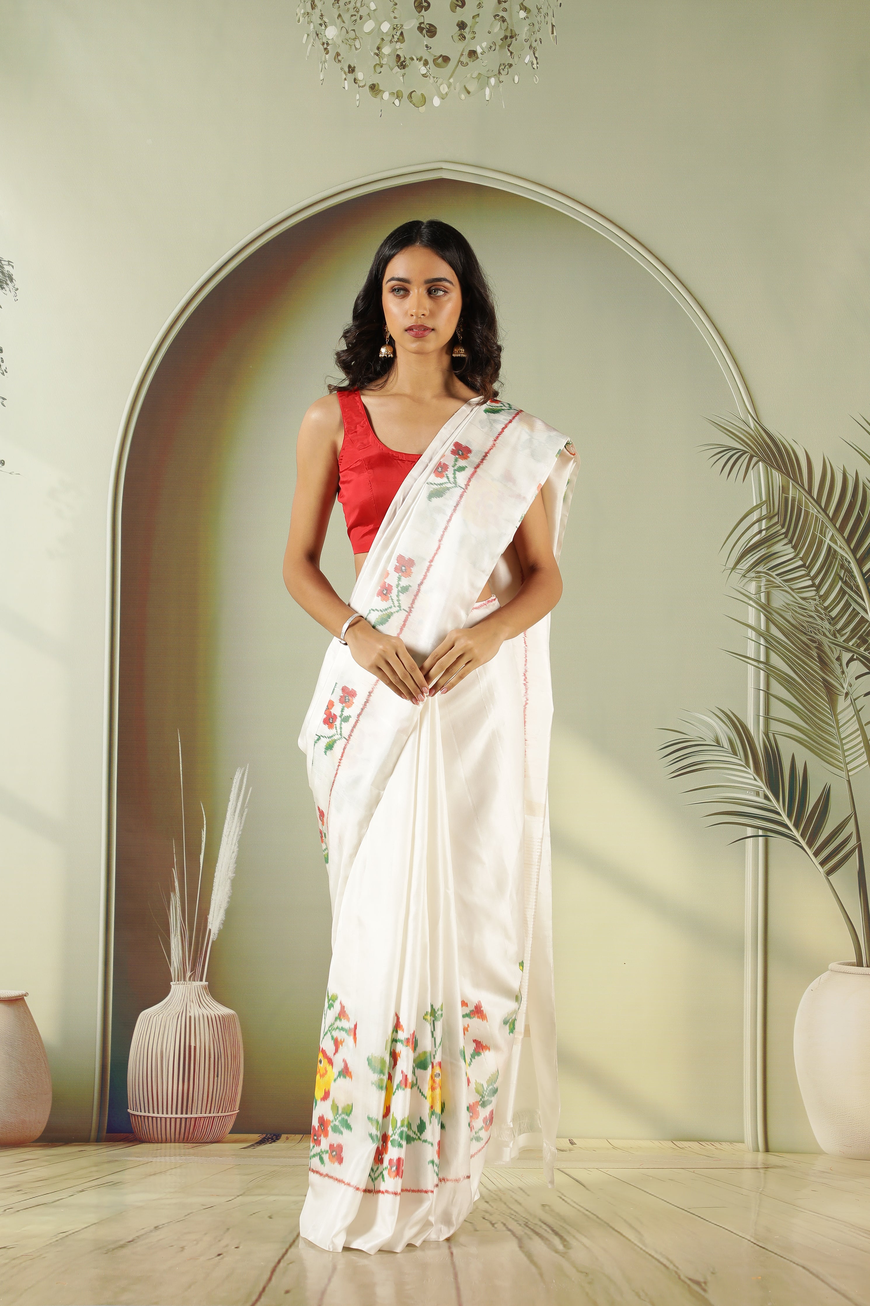 Off White Twill Silk Saree with Pattola Weaving