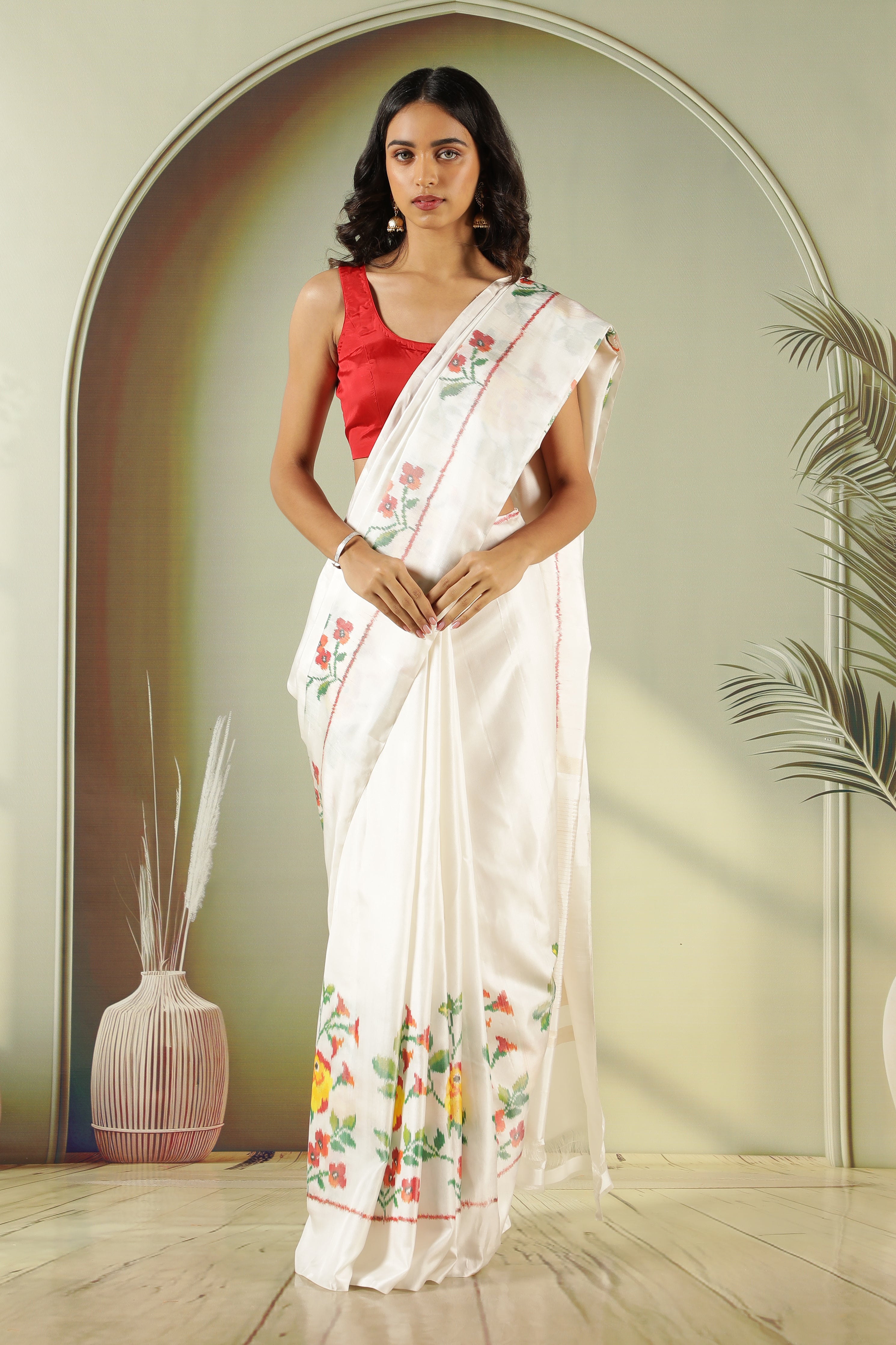 Off White Twill Silk Saree with Pattola Weaving