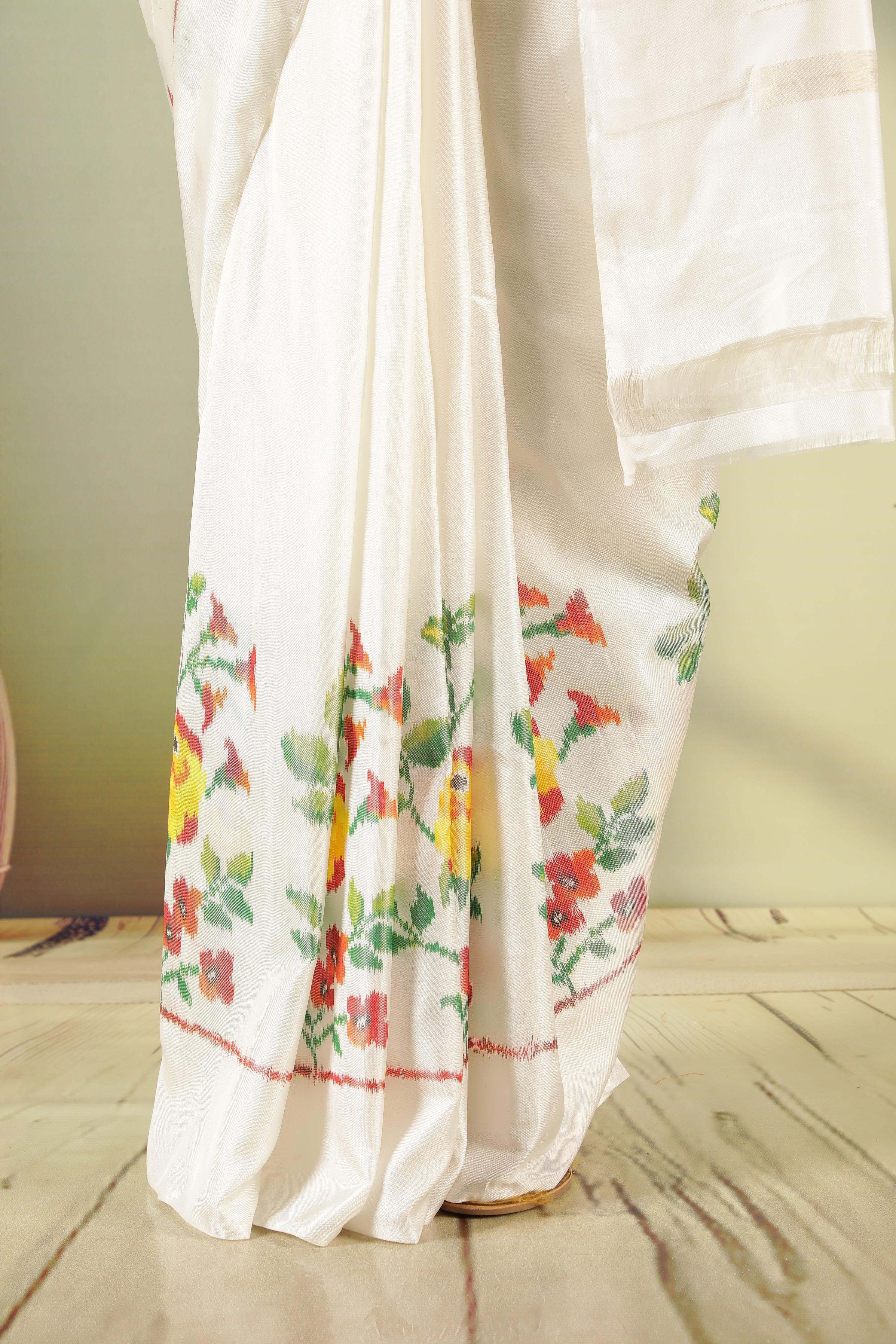 Off White Twill Silk Saree with Pattola Weaving