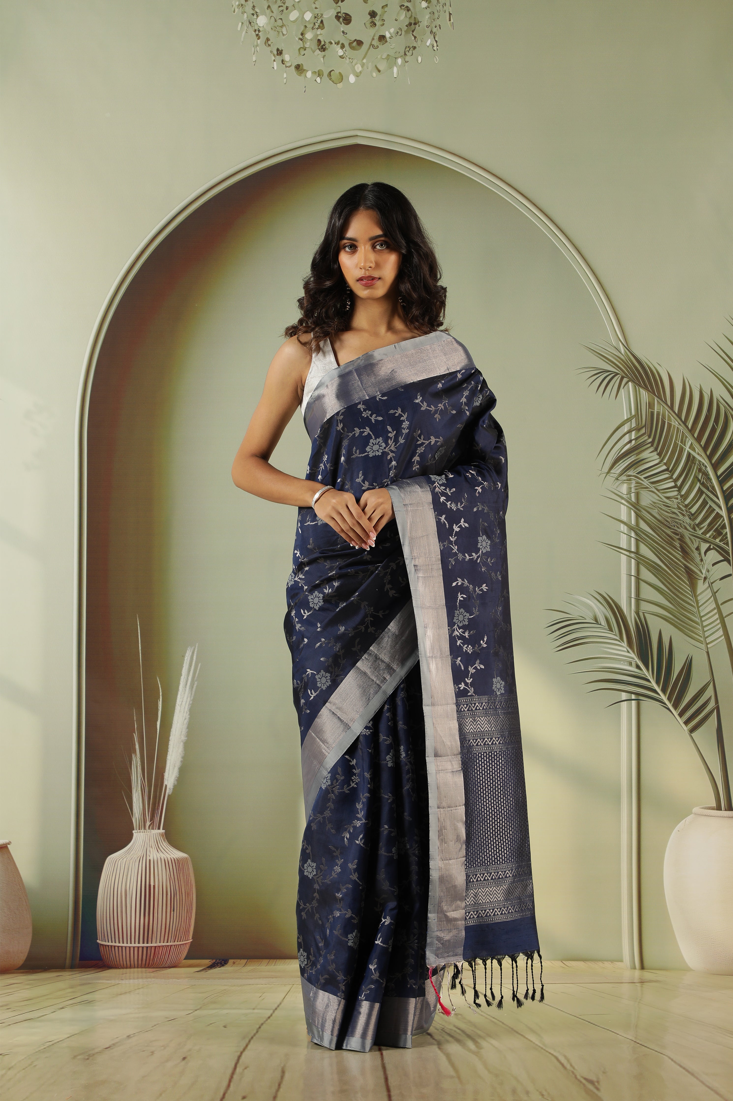 Midnight Blue Soft Silk Saree with Zari Jaal