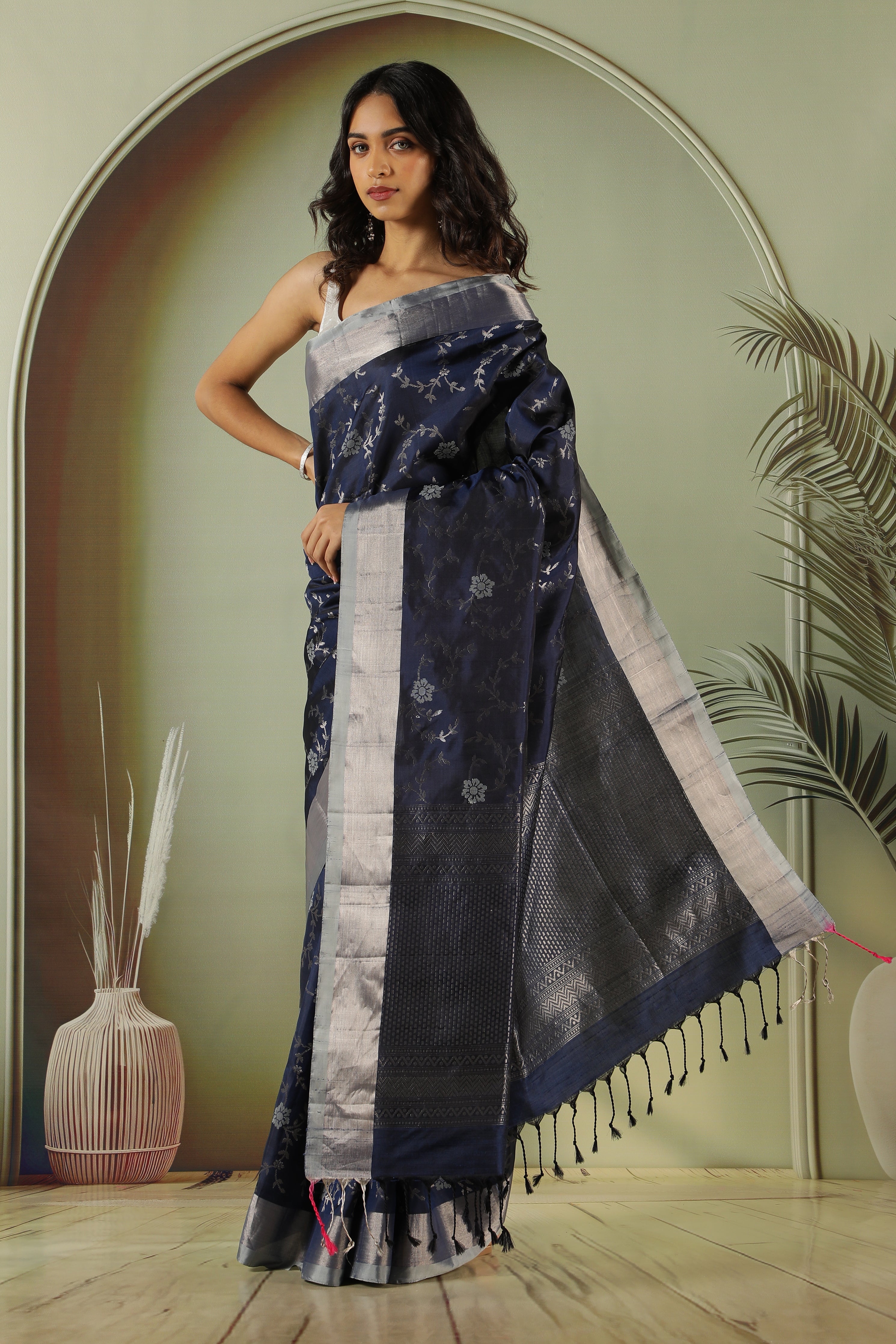 Midnight Blue Soft Silk Saree with Zari Jaal