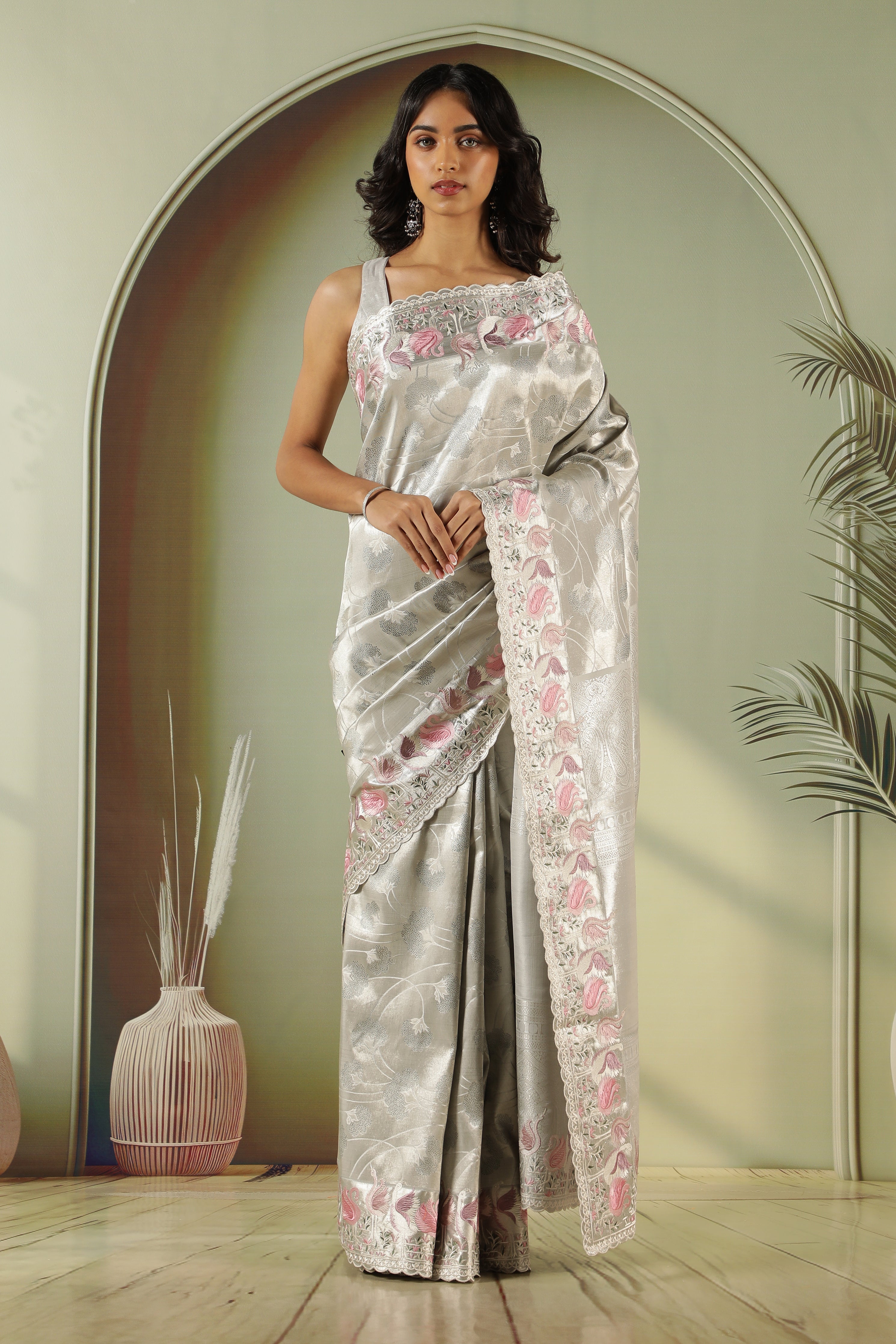 Silver Grey Kanchivaram Silk Saree with Zari Jaal