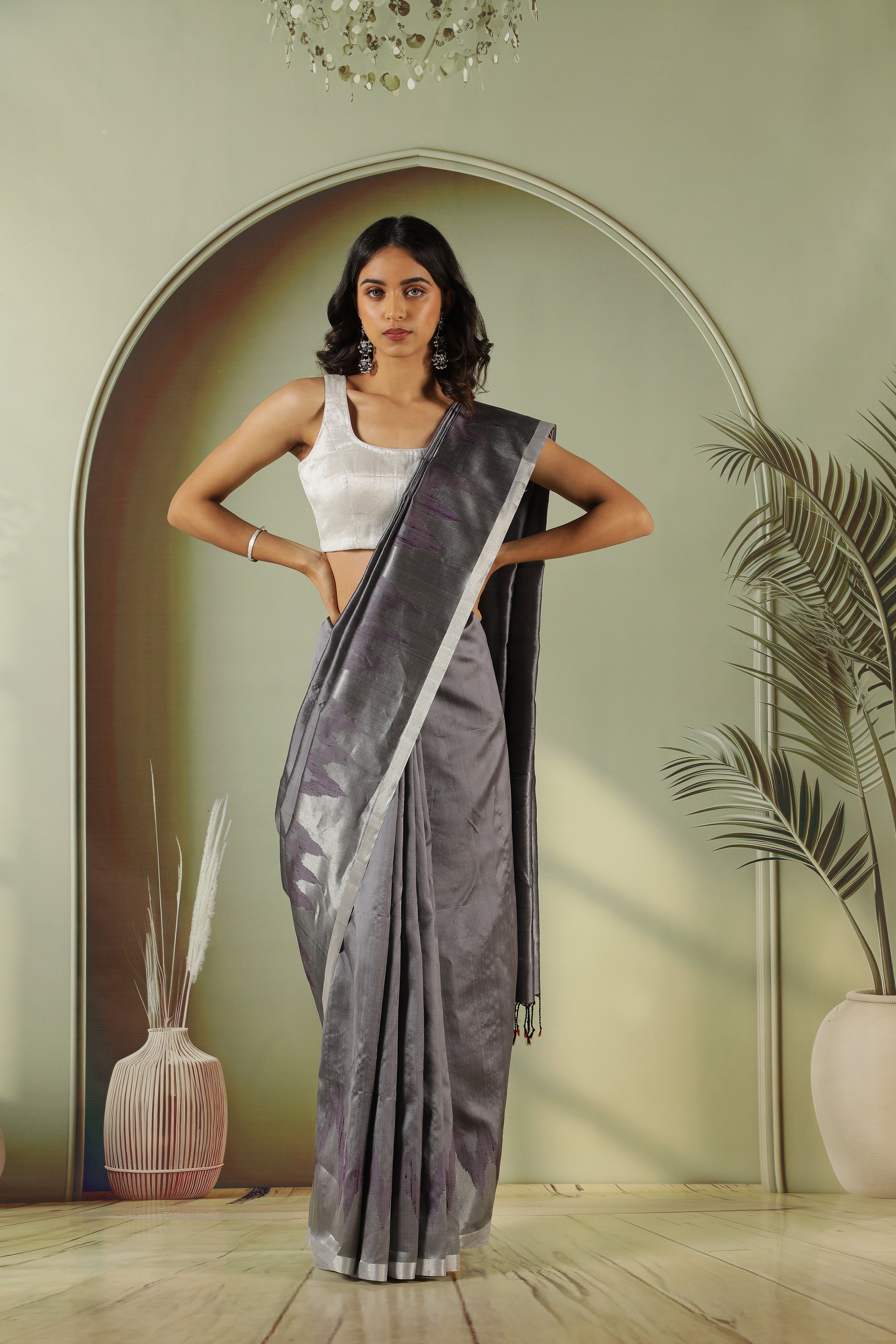 Grey Soft Silk Saree with Silver Zari & Thread Weaving and Self Blouse