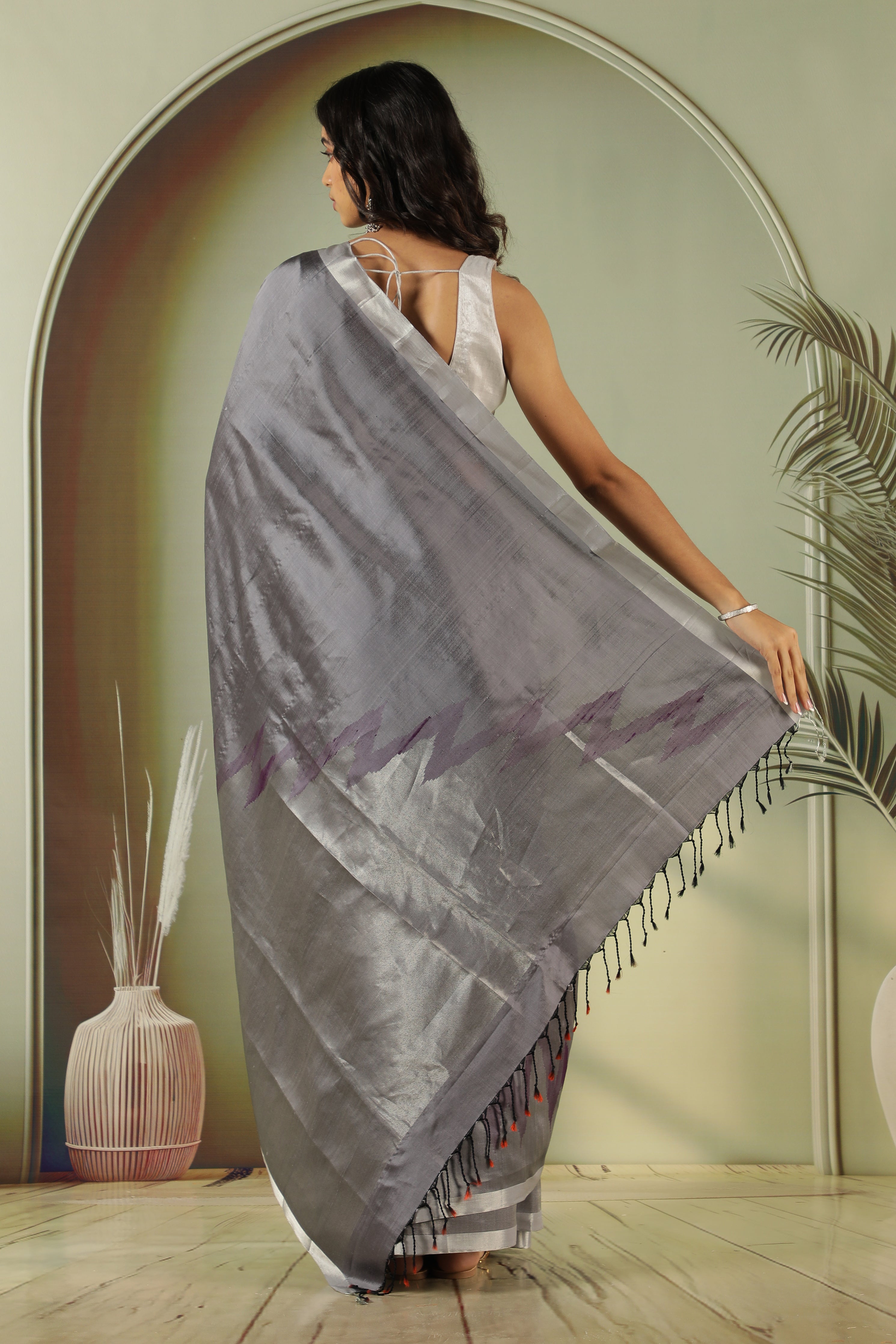 Grey Soft Silk Saree with Silver Zari & Thread Weaving and Self Blouse