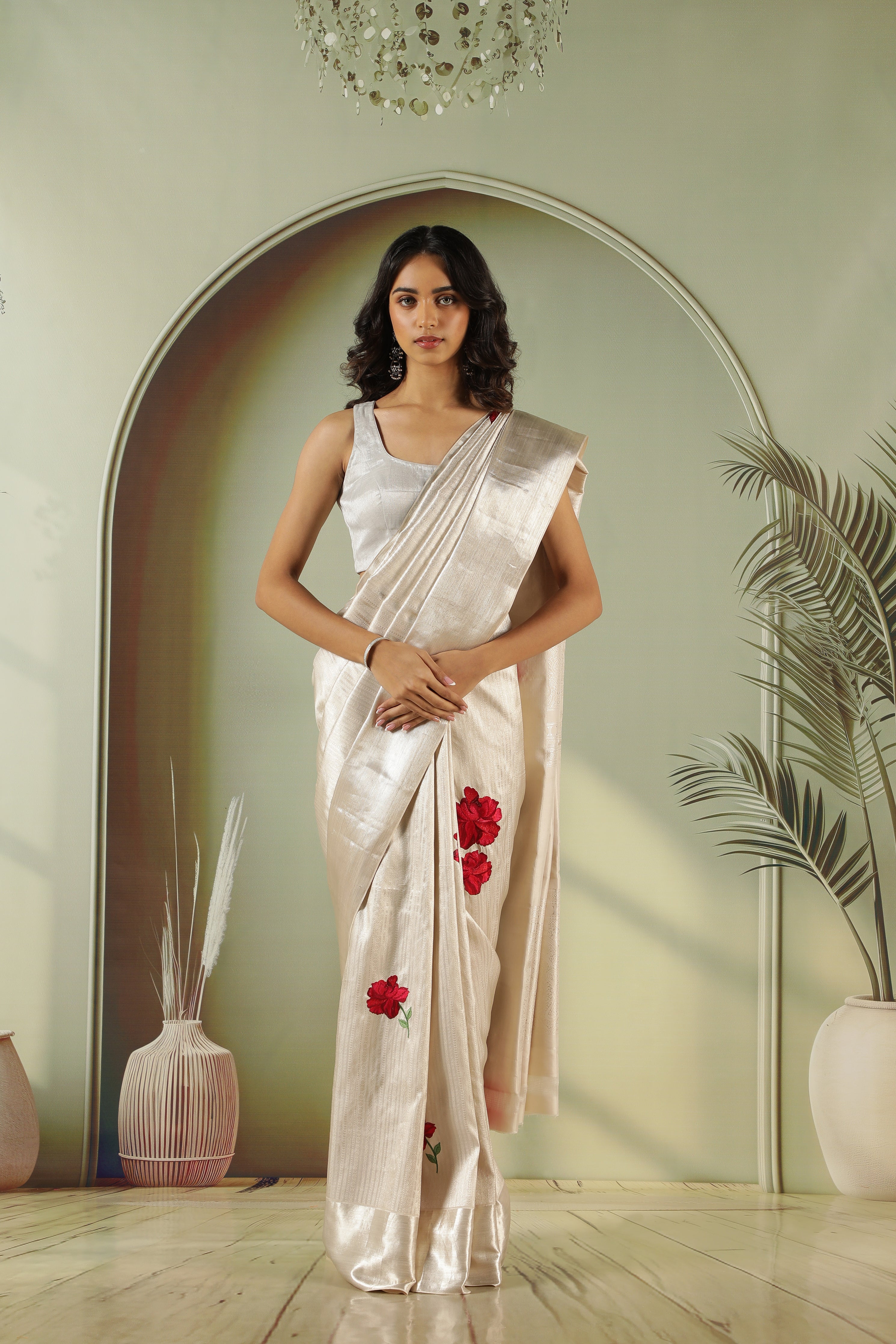 Silver Kanchivaram Silk Saree with Red Zari Butta & Self Blouse