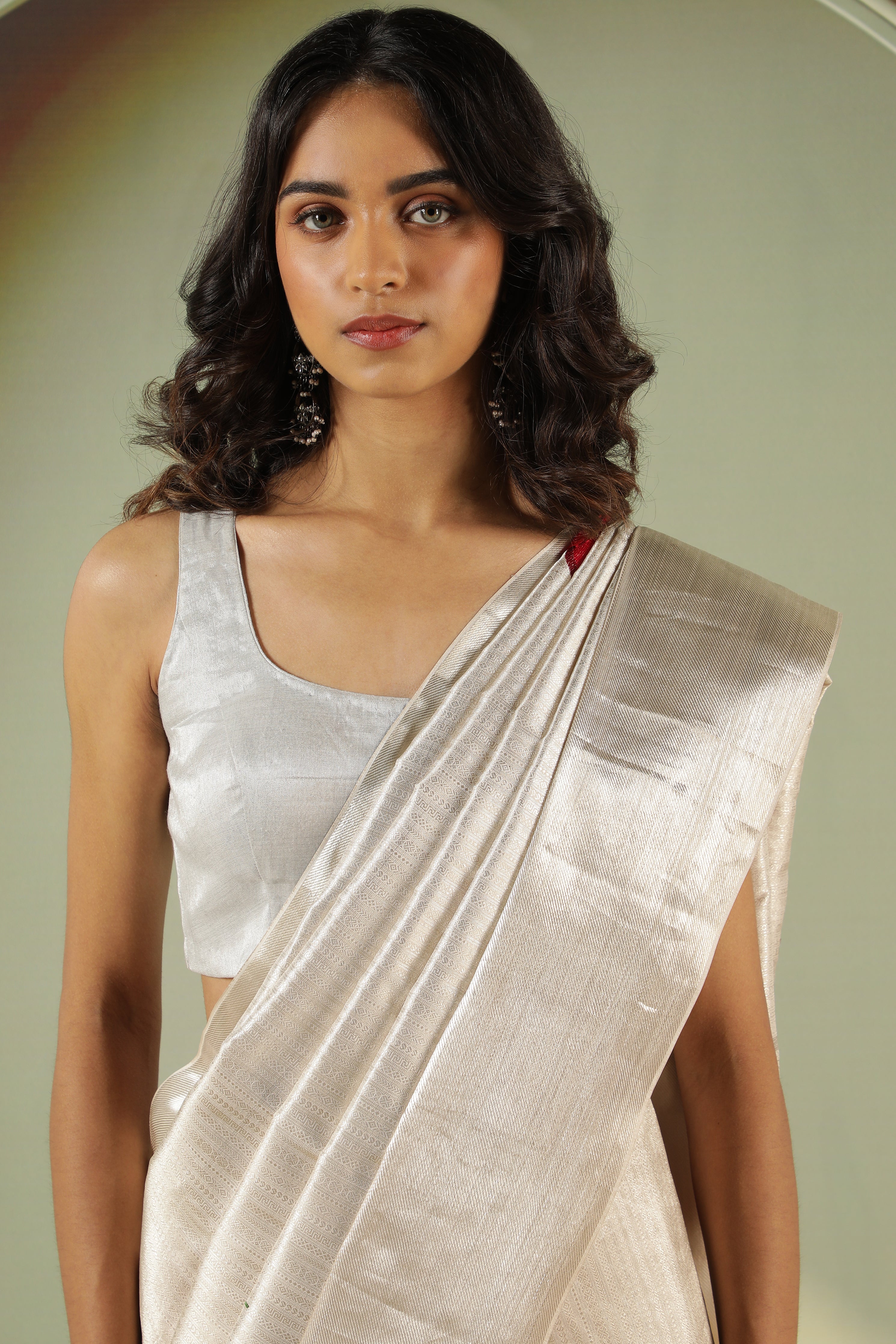 Silver Kanchivaram Silk Saree with Red Zari Butta & Self Blouse