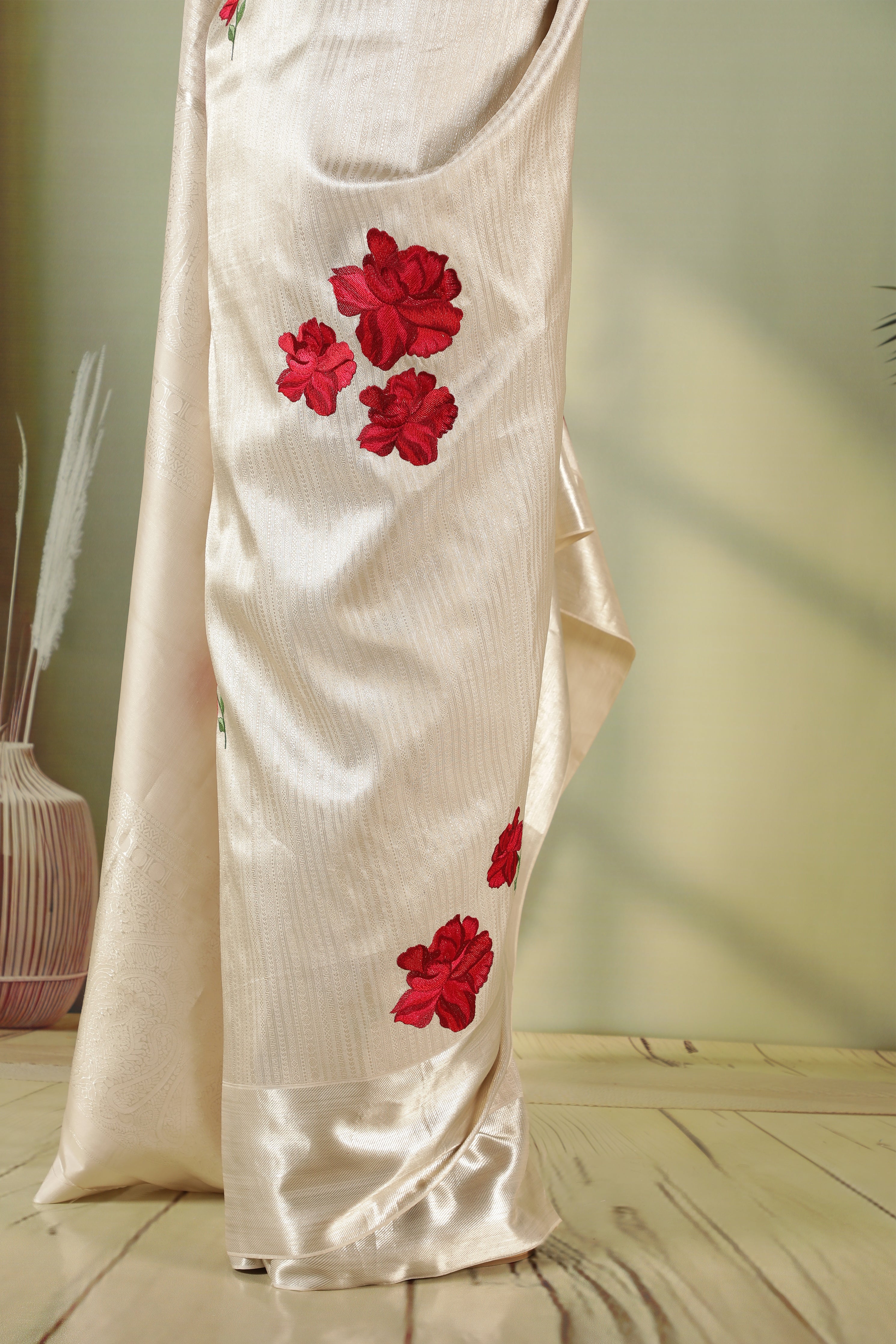 Silver Kanchivaram Silk Saree with Red Zari Butta & Self Blouse